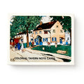 Colonial Taverns Note Cards feature an illustrated Revolutionary Era tavern with blue shutters, surrounded by trees and people gathering outside.