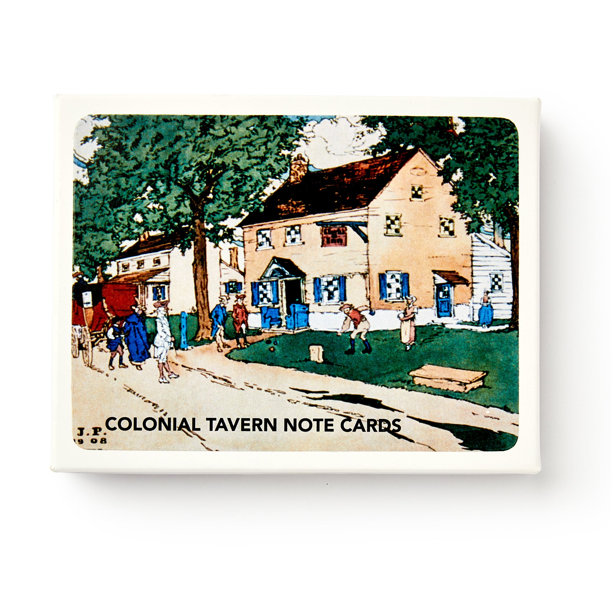Colonial Taverns Note Cards feature an illustrated Revolutionary Era tavern with blue shutters, surrounded by trees and people gathering outside.