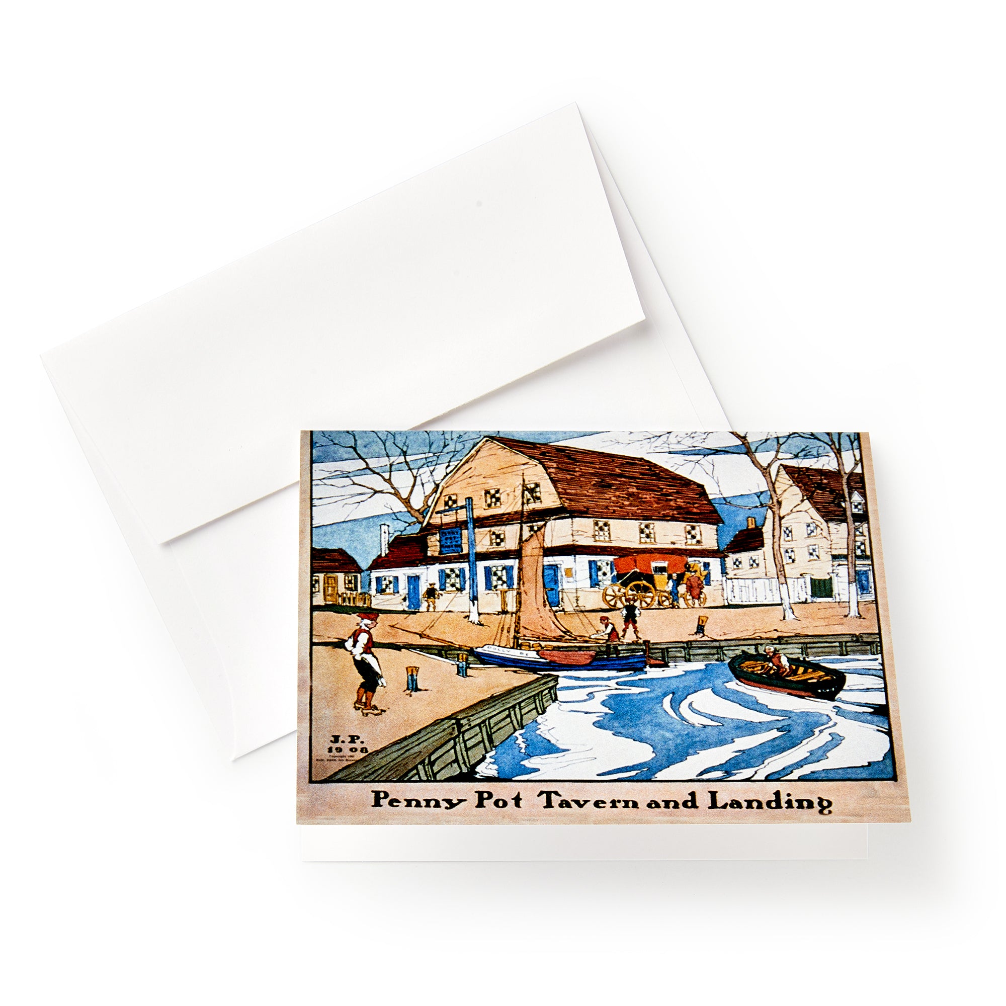 Colonial Taverns Note Cards showcase a riverside view with the Penny Pot Tavern and Landing, capturing Revolutionary Era charm. Each card comes with a white envelope.