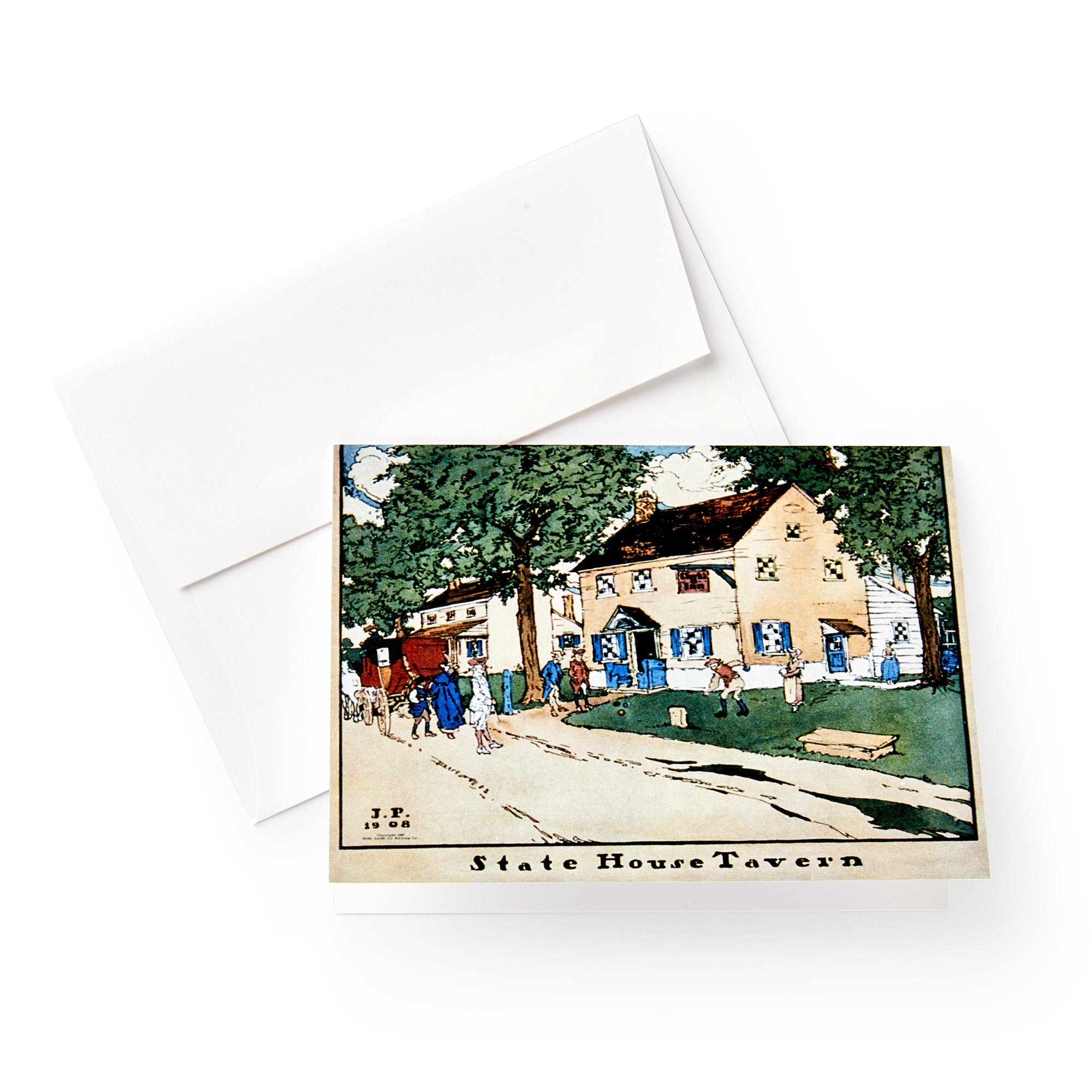 Colonial Taverns Note Cards feature a beige State House Tavern from the Revolutionary Era, surrounded by trees and people. Each card comes with a white envelope—perfect for sending special messages or notes.