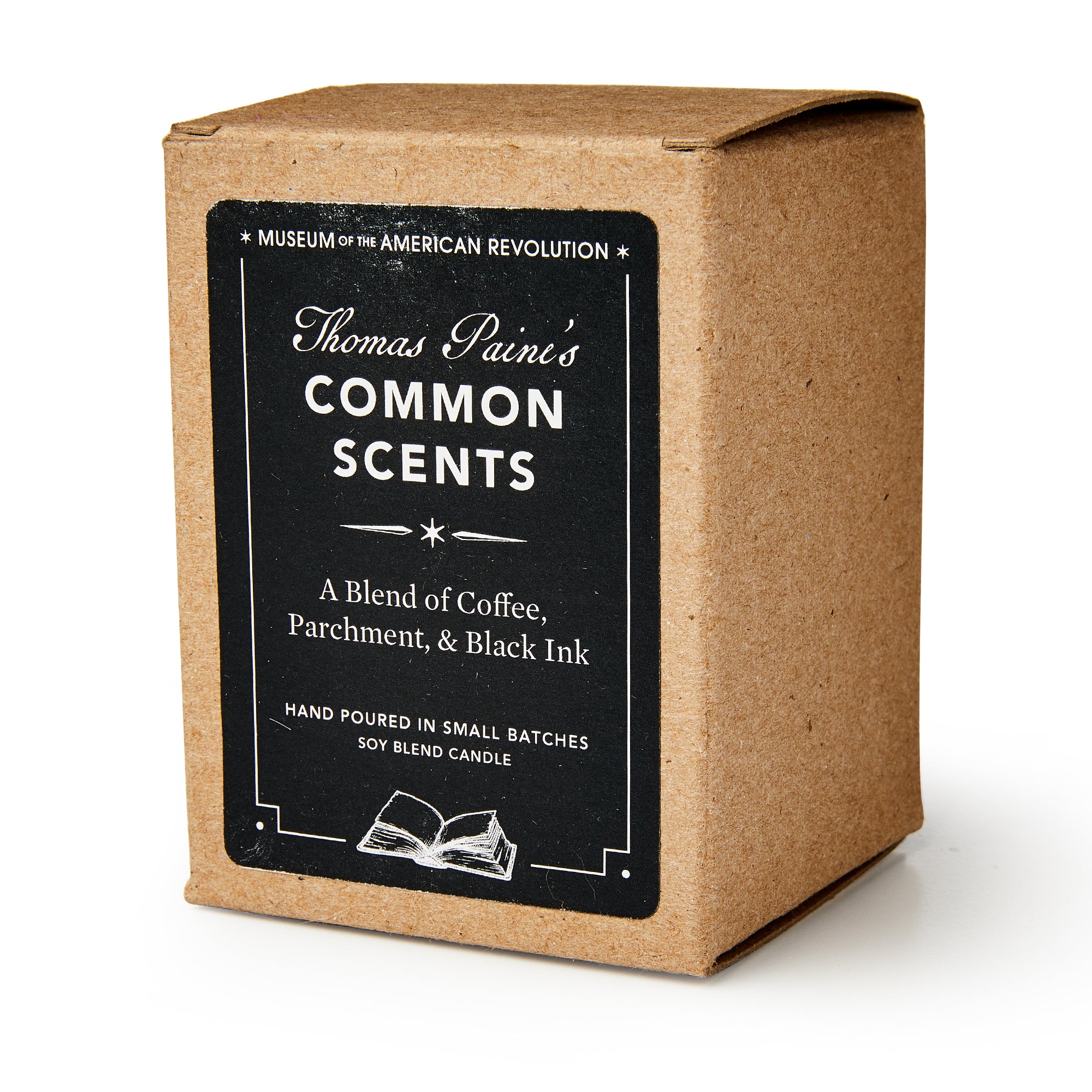 A brown box labeled "Common Scents Candle" from the Museum of the American Revolution describes a hand-poured soy blend candle with notes of coffee, parchment, and black ink.