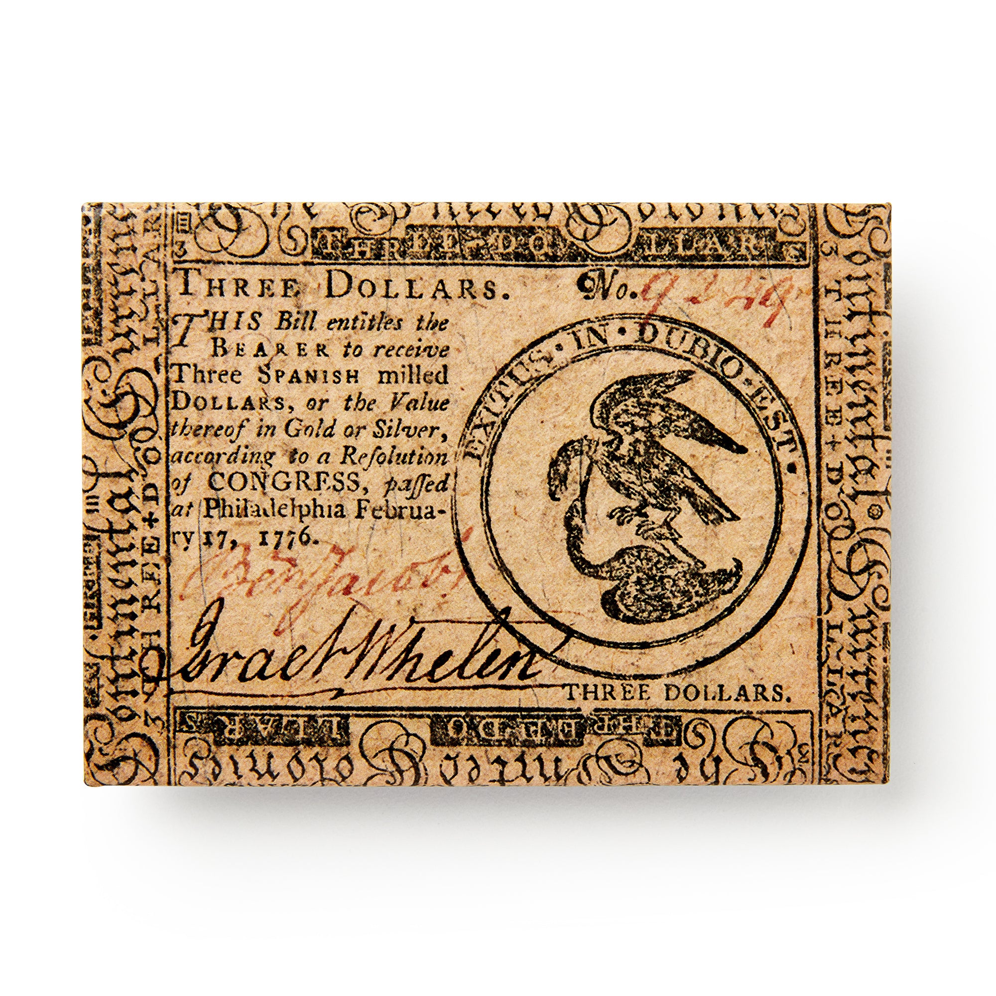 Inspired by the 1776 $3 Continental Congress bill, this Currency Fridge Magnet features ornate text, intricate borders, and a detailed eagle emblem—capturing iconic details from Philadelphia’s Revolutionary-era currency.