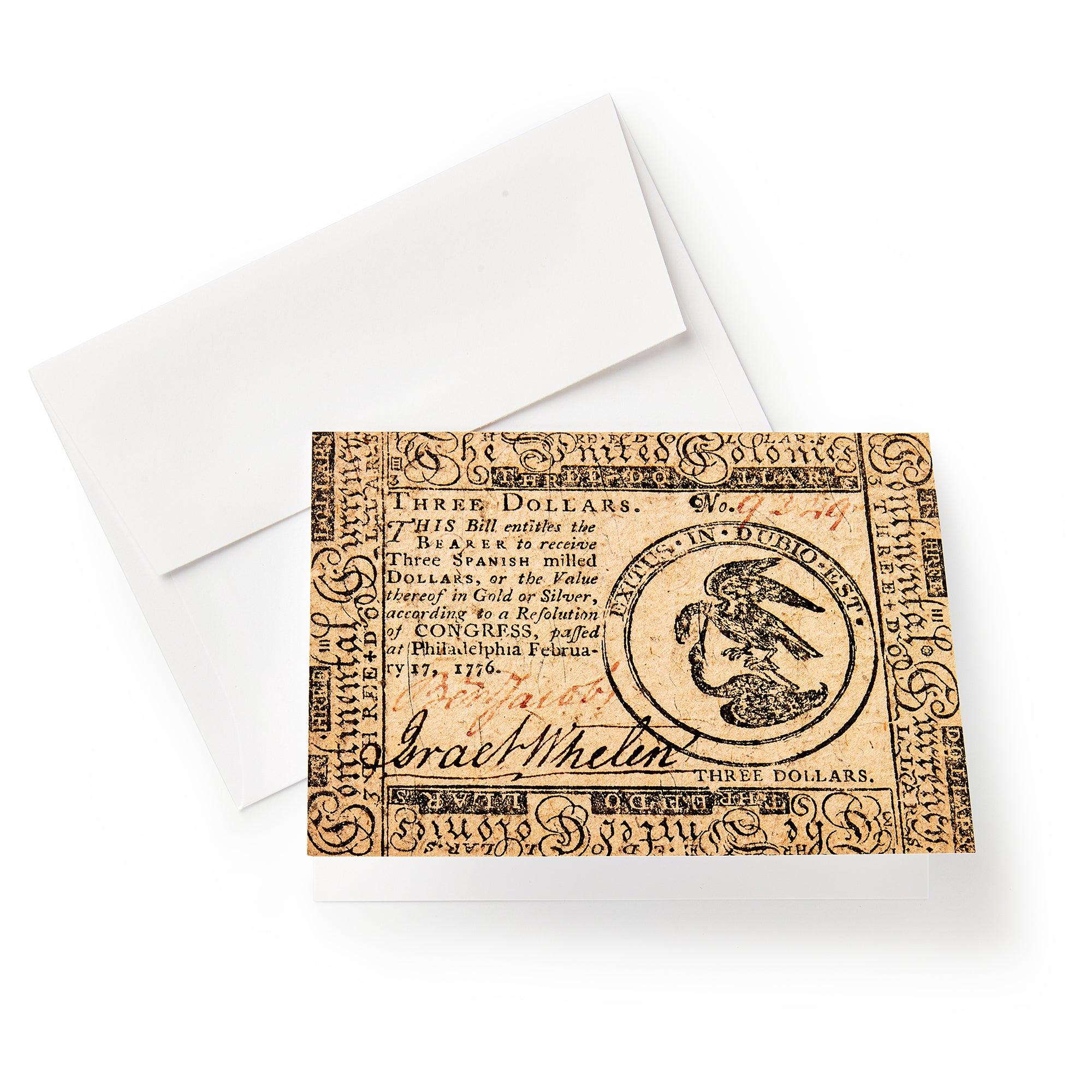The Currency Note Card includes a greeting card and envelope, featuring a vintage 1776 three dollar bill design—a tribute to Continental Congress currency with an eagle and classic text from the American Revolution.