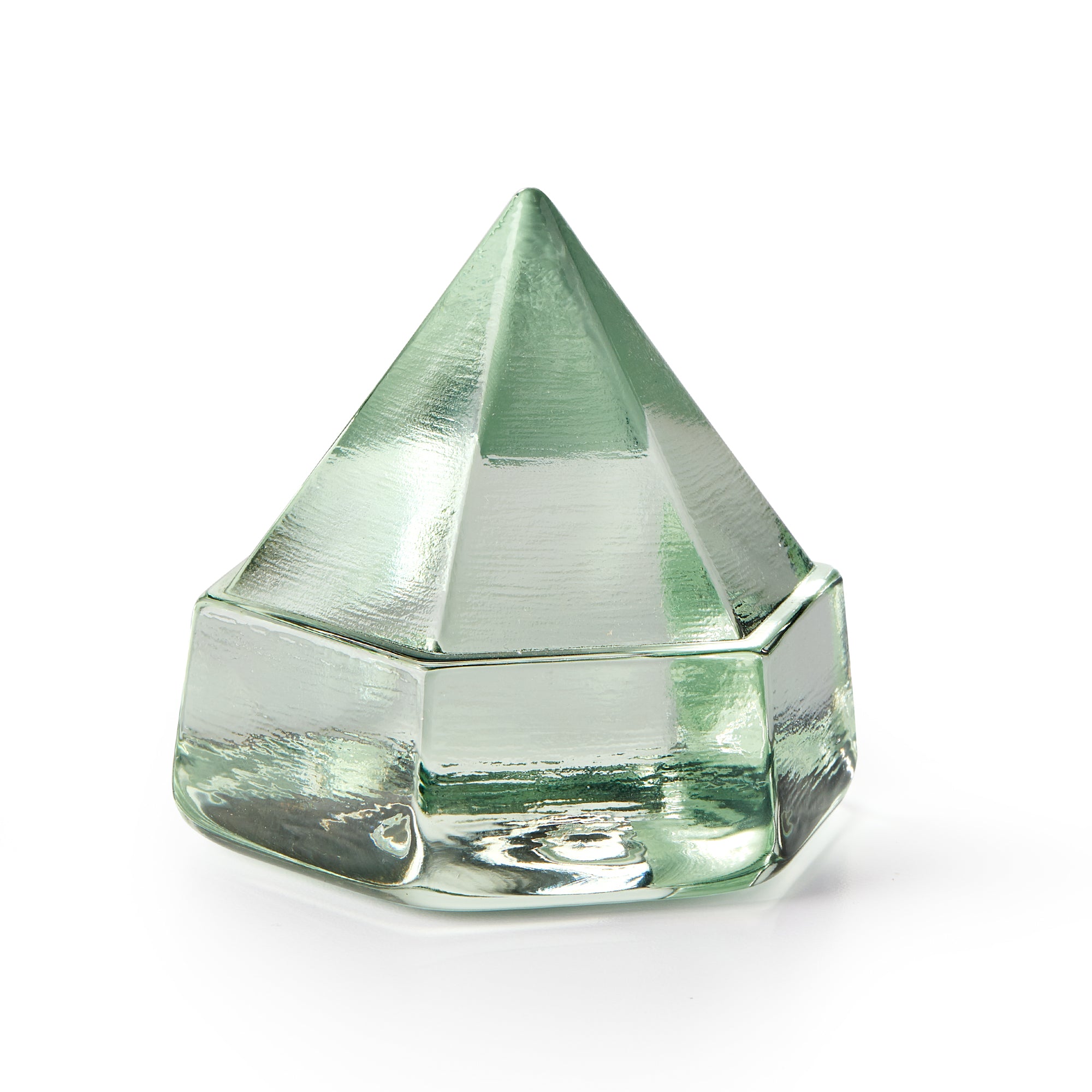 The Green Deck Prism, Small, is a clear, green-tinted glass pyramid with a hexagonal base, inspired by classic ship deck prisms like those used on the Charles W. Morgan and shown against a white background.