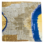 The Historic Philadelphia Then Scarf is a square silk scarf featuring a detailed street map of Philadelphia, inspired by historic maps, with city blocks and landmarks. "cultureNOW" is printed in the lower right corner.