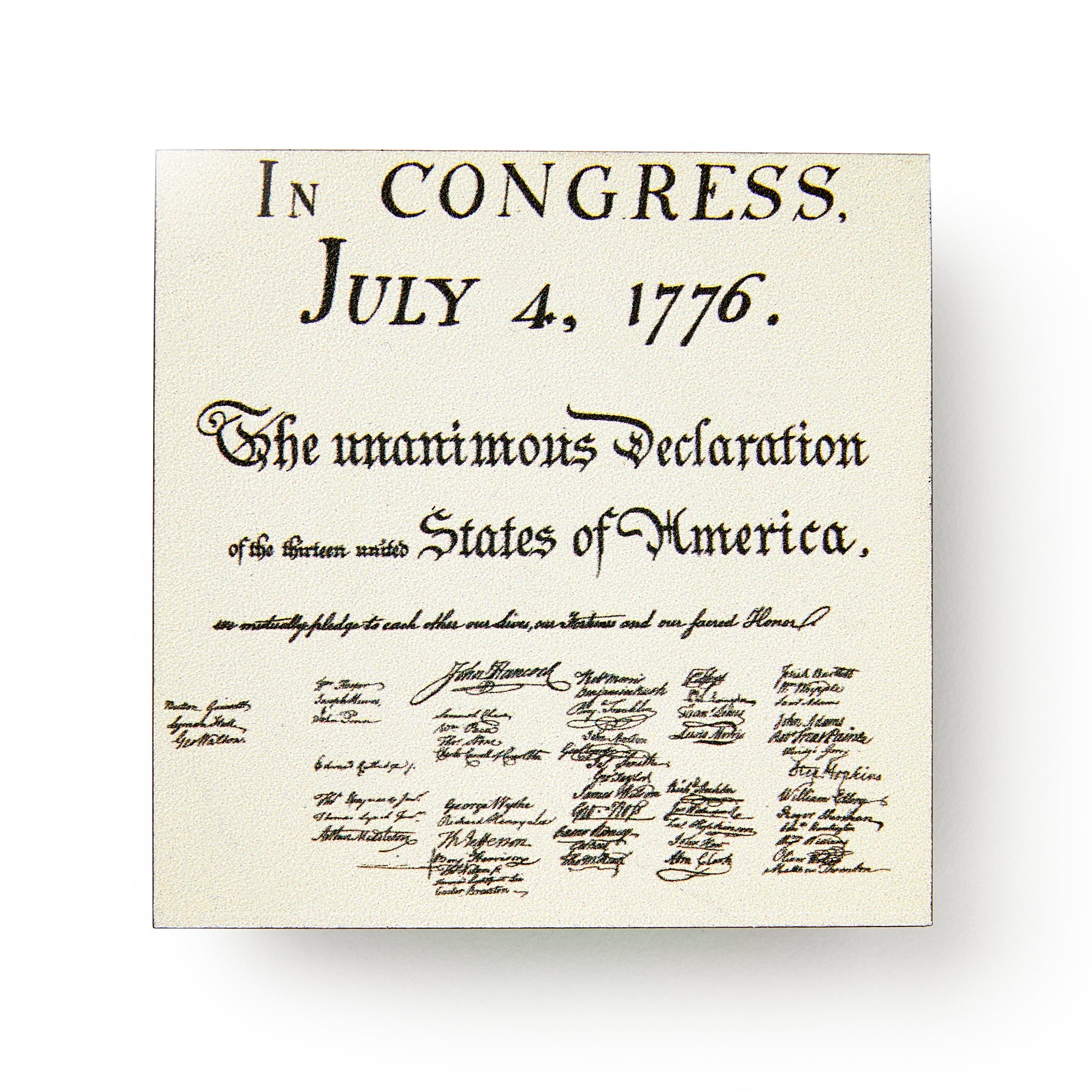 The Declaration of Independence Magnet features ornate script text and founding fathers' signatures—a perfect keepsake for any American history magnet collection.