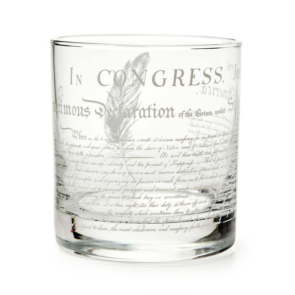 The Declaration of Independence Whiskey Glass features a quill illustration and engraved text from the historic document, including "In Congress" and "Declaration"—a perfect patriotic gift.