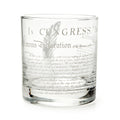 The Declaration of Independence Whiskey Glass features a quill illustration and engraved text from the historic document, including "In Congress" and "Declaration"—a perfect patriotic gift.