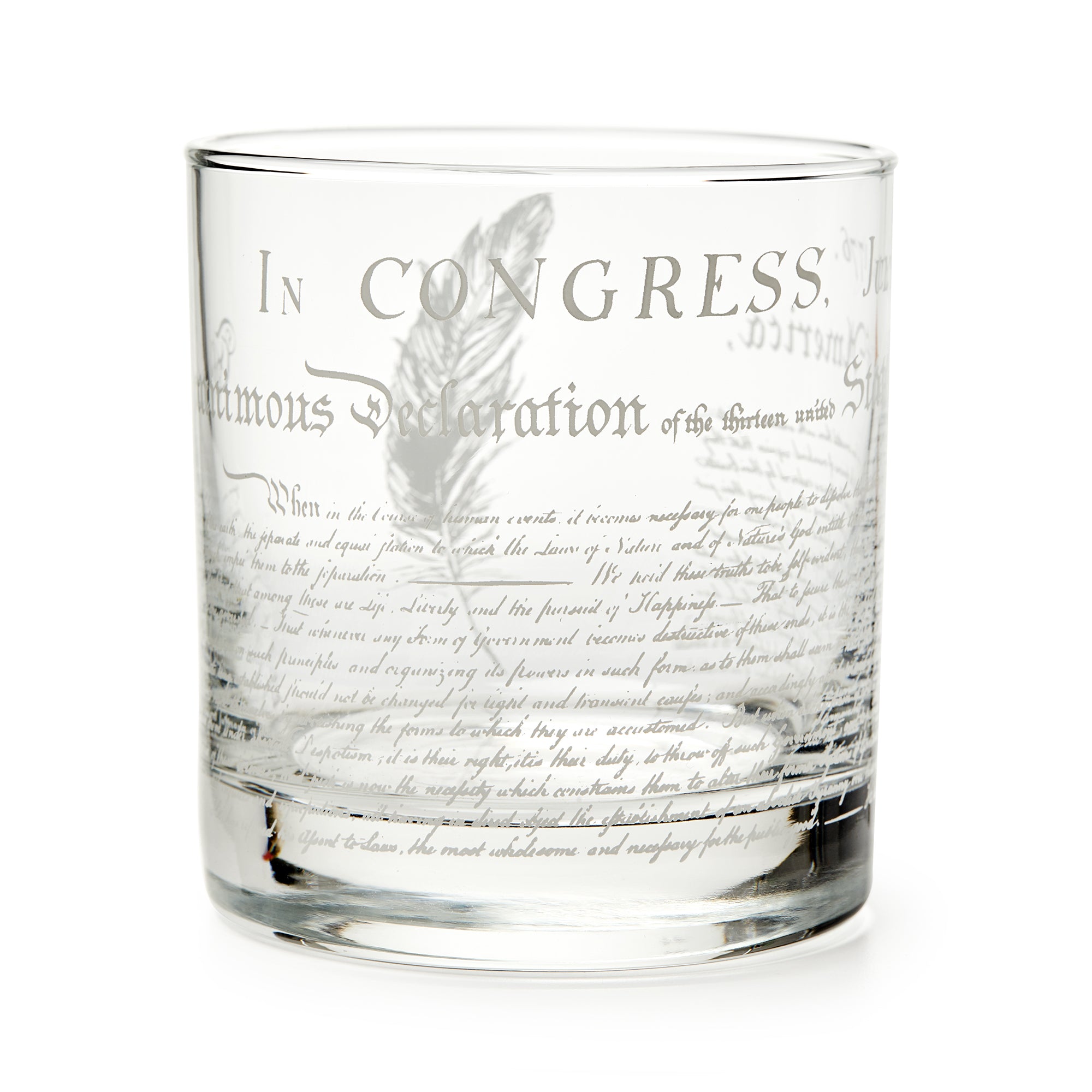 The Declaration of Independence Whiskey Glass features a quill illustration and engraved text from the historic document, including "In Congress" and "Declaration"—a perfect patriotic gift.
