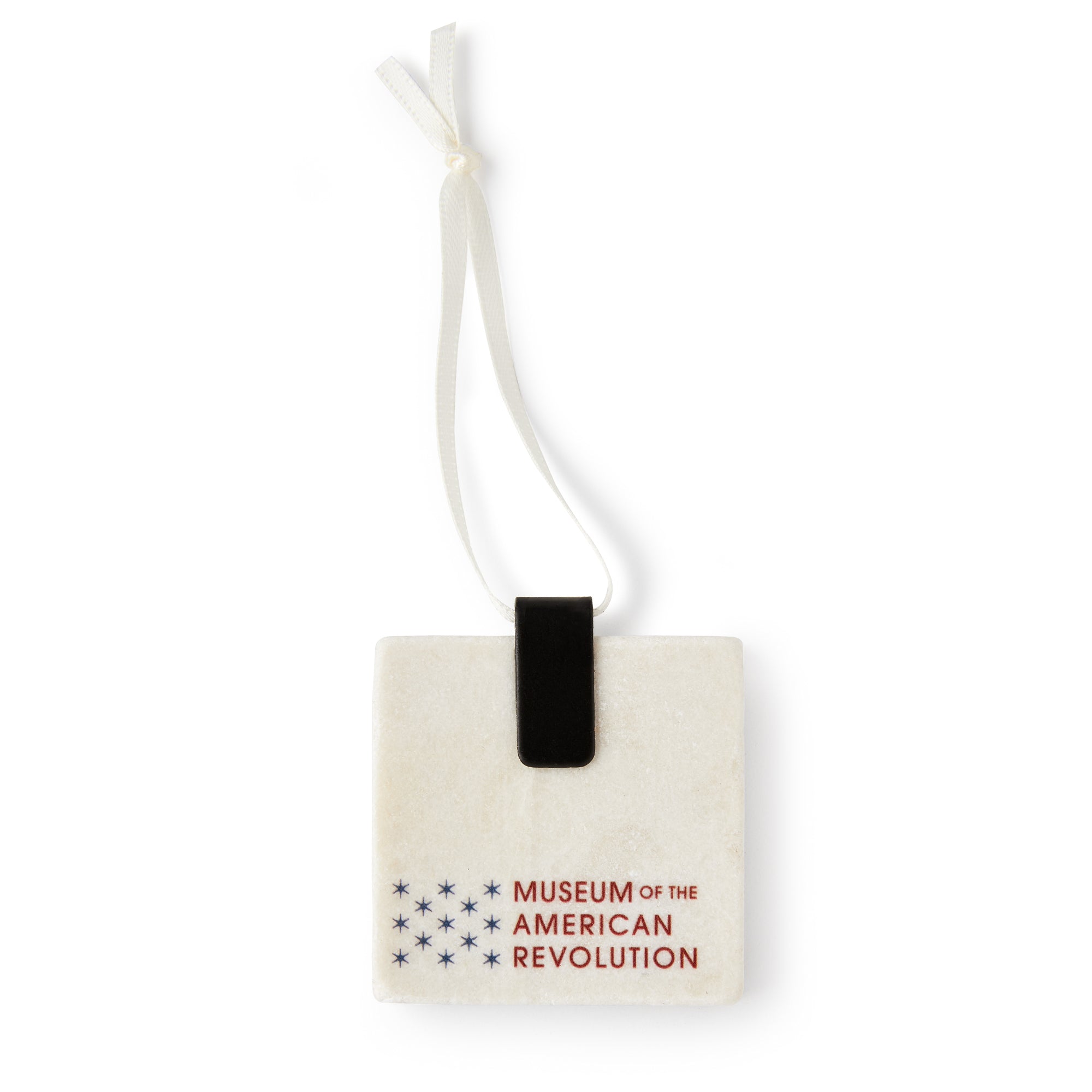 The Declaration of Independence Ornament is a square stone ornament with a white ribbon, featuring the Museum of the American Revolution logo.