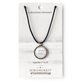 The Declaration Necklace features a round cabochon pendant with historical text on a black cord (17-19” length), shown in Cabochon Pendant and Screencraft packaging. Perfect as a Declaration of Independence necklace.