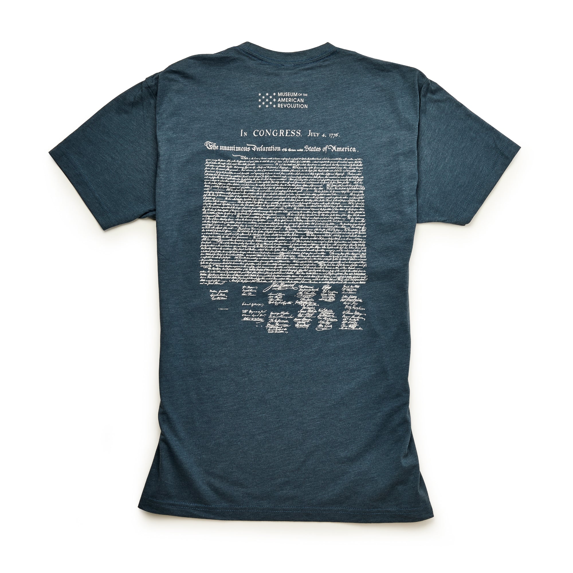Celebrate the Semiquicentennial with the Declaration's Journey T-Shirt—a blue commemorative shirt with white text of the full Declaration of Independence and the National Archives Museum logo on the back.