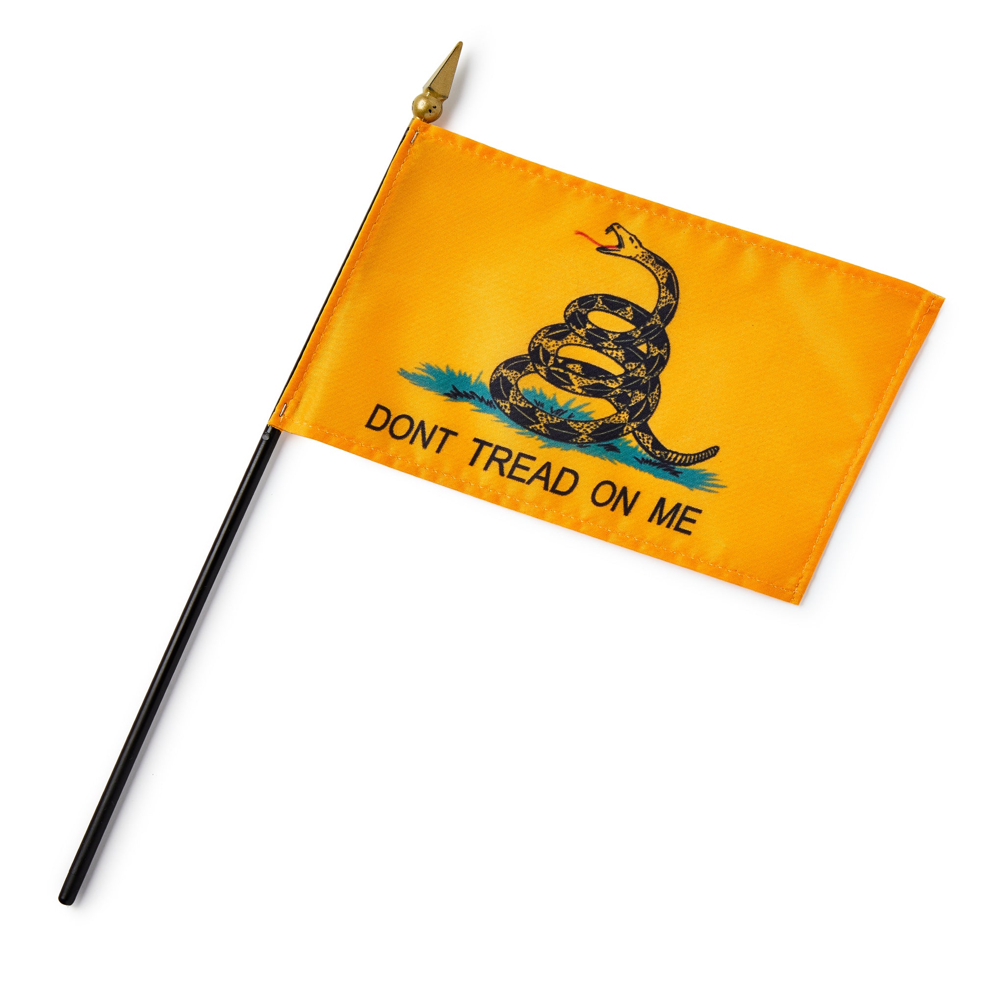 The Gadsden Stick Flag, 4"x6", features a small yellow flag with a coiled rattlesnake and "DON'T TREAD ON ME" below, attached to a black pole with a gold tip.
