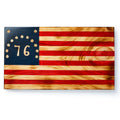 The Bennington 76 Wooden Flag honors American heritage with a blue field, 13 stars in a circle, the number 76 at the center, and 13 red and white stripes — an iconic tribute to the historic Bennington flag of 1776.