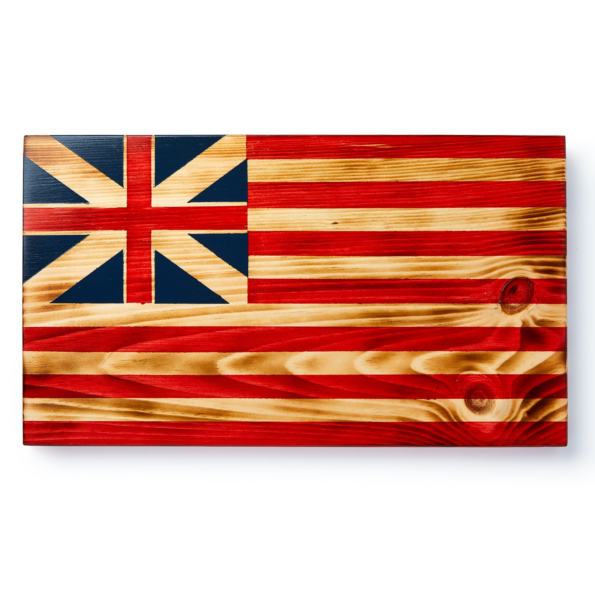 The Grand Union Wooden Flag displays the historic American flag design — red and white stripes with the British Union Jack in the corner — creating a striking patriotic decor piece against a white background.
