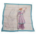 The All Equal Scarf is a chiffon silk accessory with a faint colonial-era figure and a woman in purple writing the Declaration of Independence, accented by cursive script and bordered in light blue.