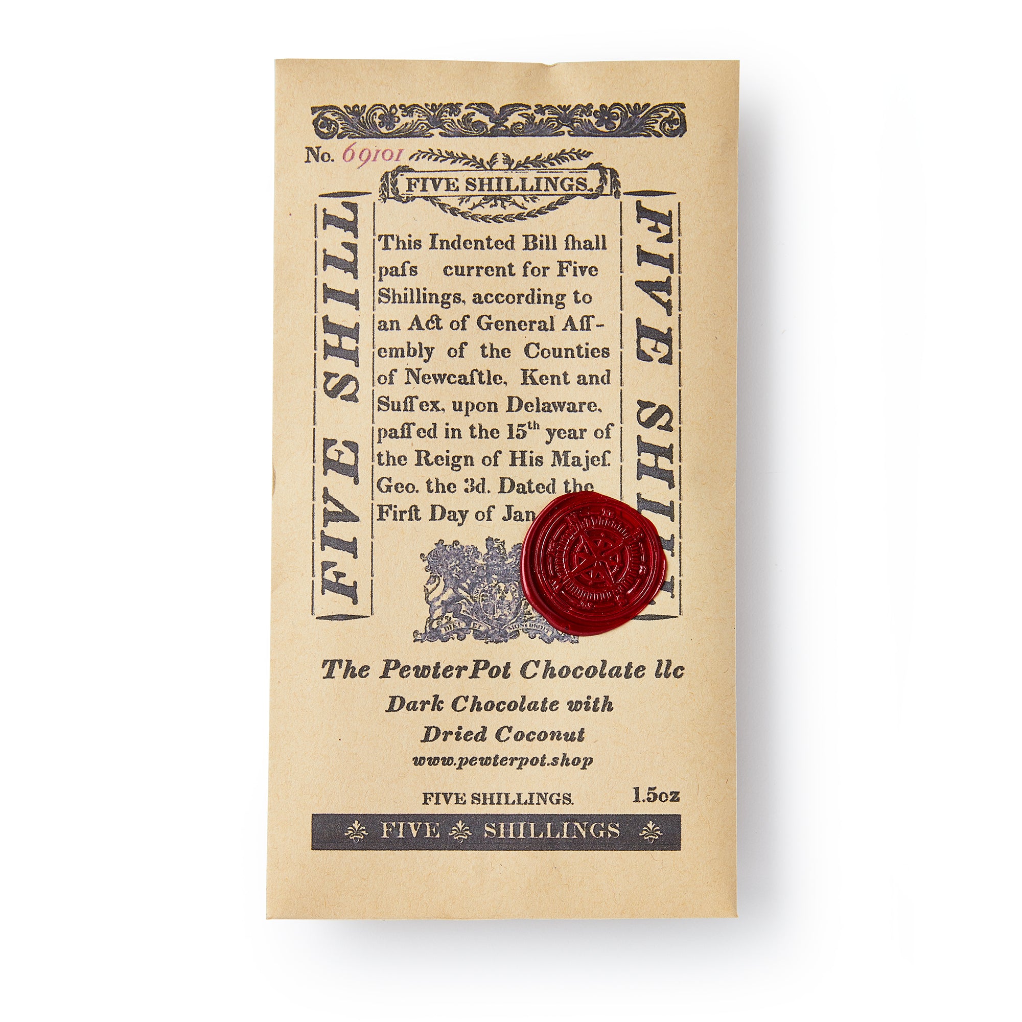 The Delaware Chocolate Bar by The Pewter Pot Chocolate Co. features rich dark chocolate with dried coconut, wrapped in vintage Five Shillings note paper and sealed with red wax — celebrating colonial Delaware tradition.