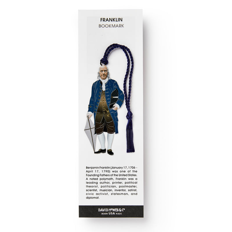 The Benjamin Franklin Bookmark features Franklin in colonial attire with a kite and a blue tassel. Below, text showcases his achievements.