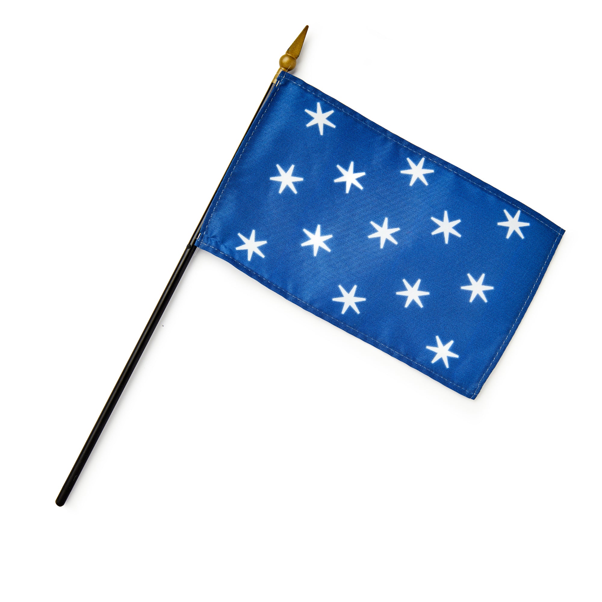 The George Washington Standard Stick Flag is a small blue flag featuring twelve white, six-pointed stars in a staggered grid, similar to the Commander-in-Chief’s Standard. It includes a black pole with a gold spear-shaped finial.