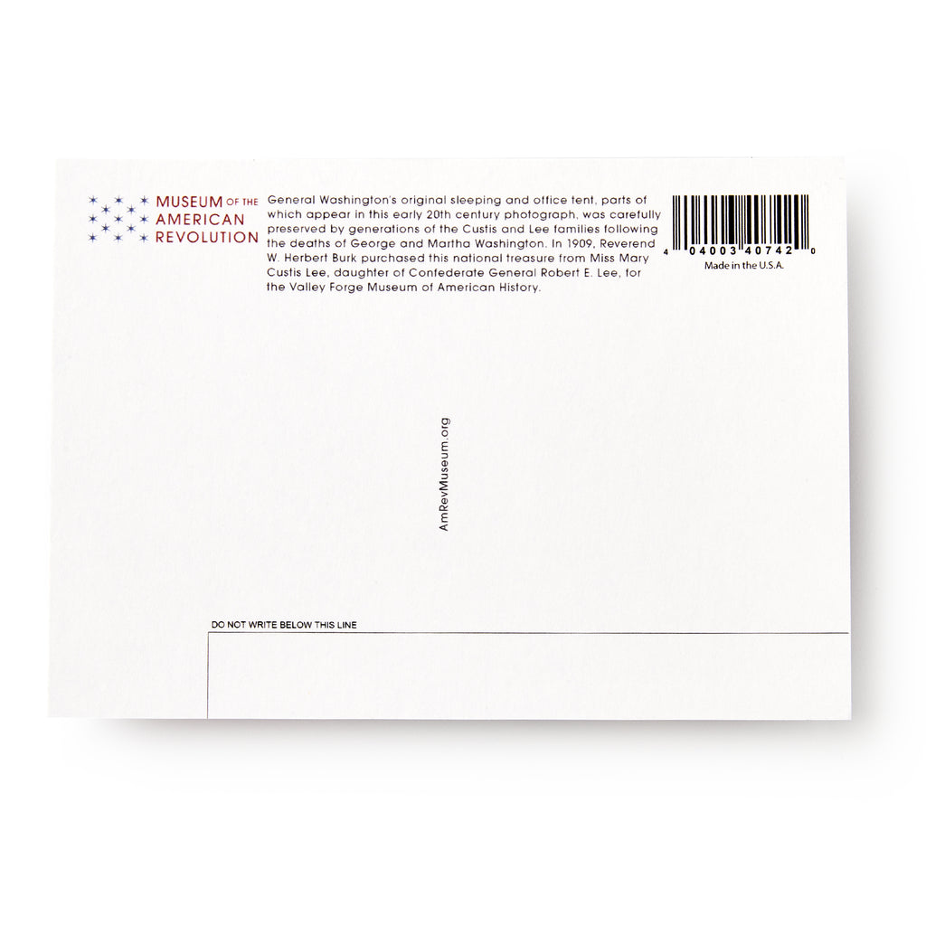 Back of a George Washington Tent In Snow Postcard featuring a barcode, address lines, and a note about Washington’s iconic sleeping tent.