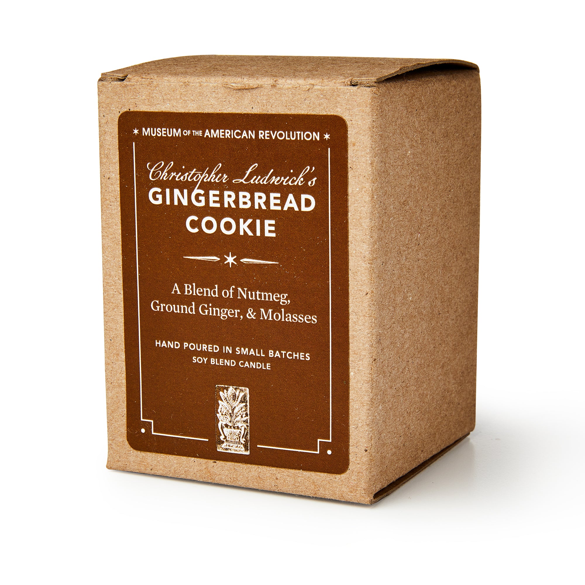 Christopher Ludwick's Gingerbread Candle, scented with nutmeg, ginger, and molasses, is a soy blend from the Museum of the American Revolution—perfect for adding festive holiday fragrance to your home.