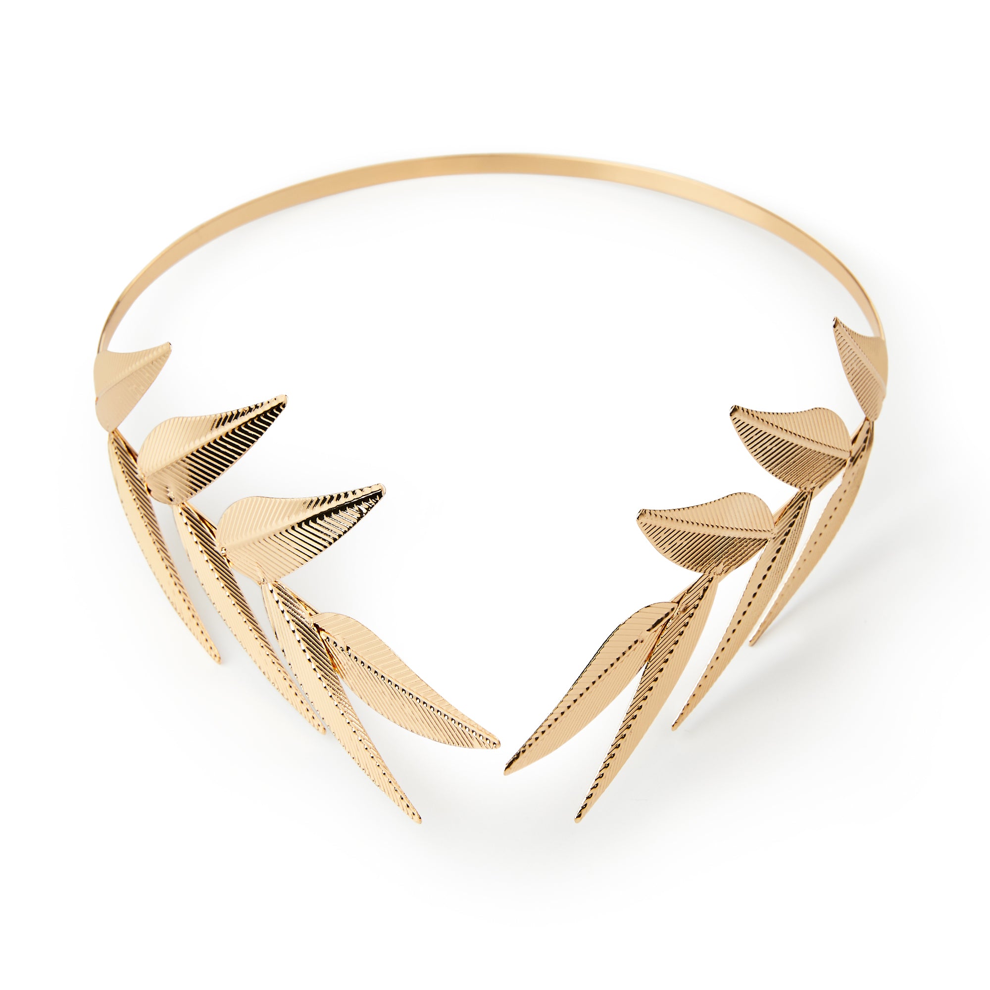 The Laurel Headband is a gold-plated accessory featuring multiple leaf-shaped designs with delicate, engraved details arranged symmetrically along the front.