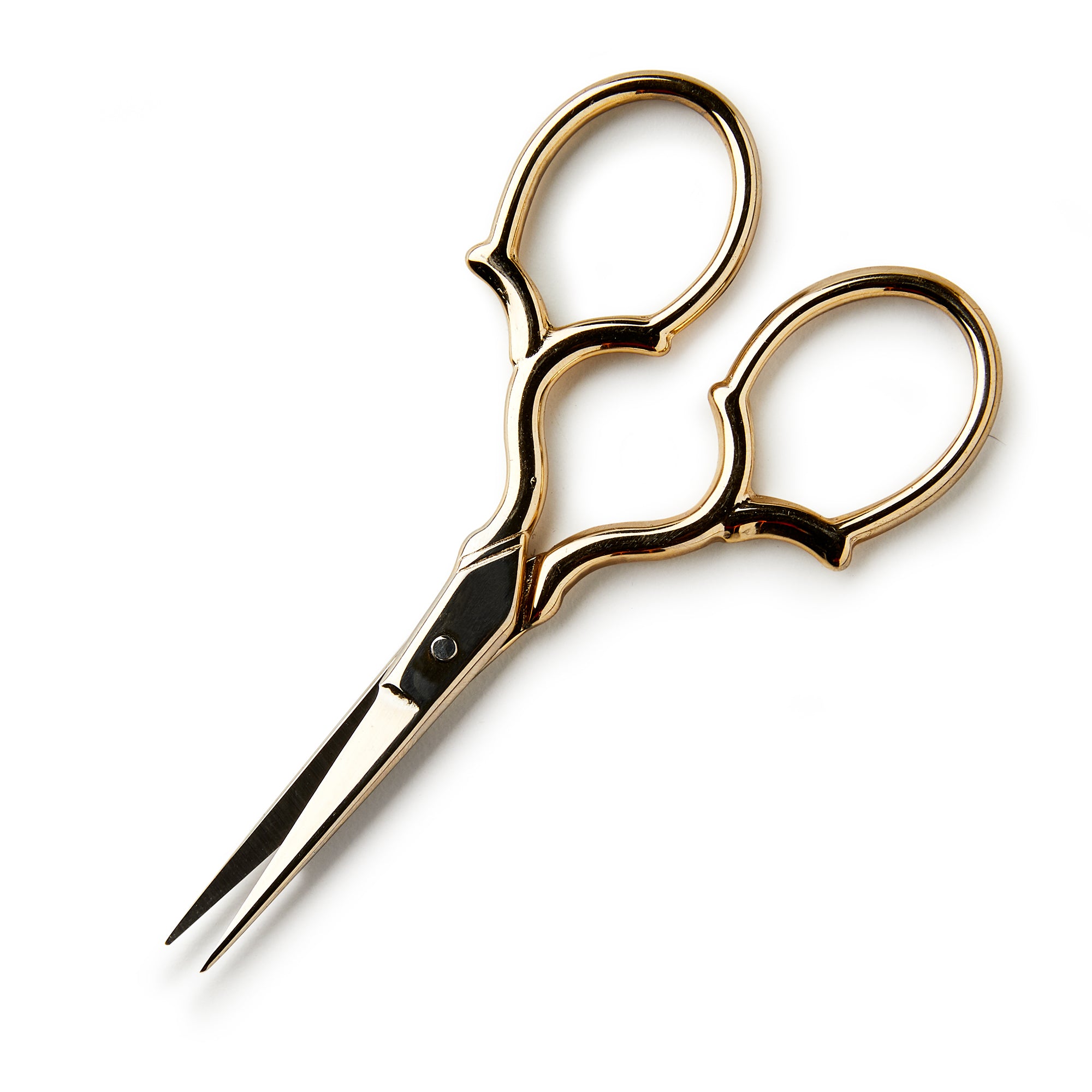 The Gold Gladiola Scissors feature sharp, pointed stainless steel blades and large, gold-plated handles, displayed on a white background.