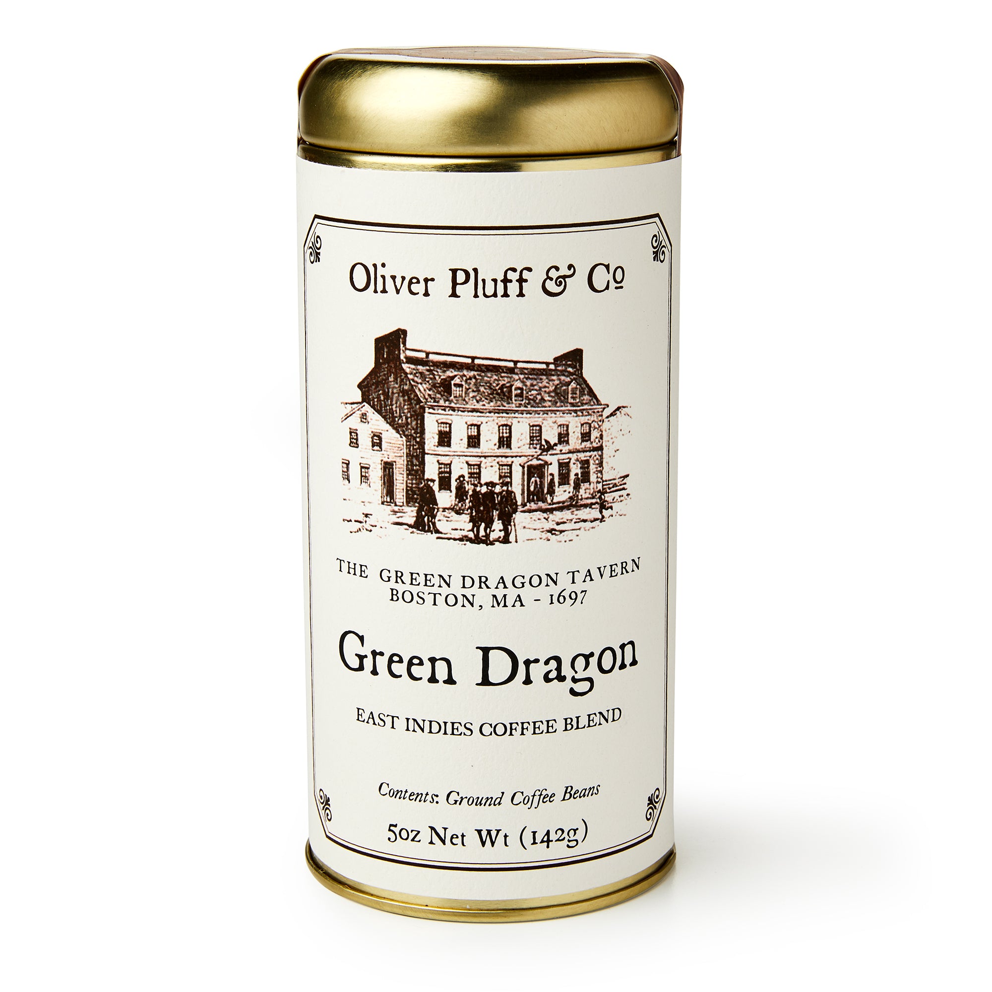 A 5 oz (142g) tin of Green Dragon Coffee, an East Indies blend, featuring a historic tavern illustration on the label. Ground coffee beans by Oliver Pluff & Co.