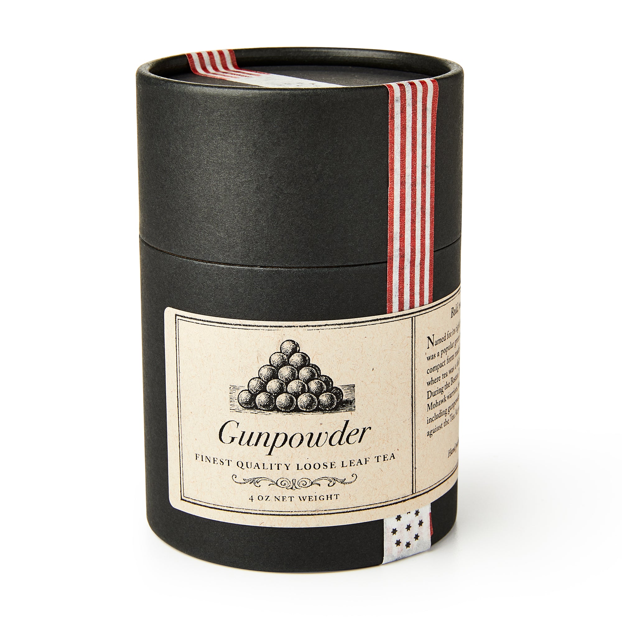 A black cylindrical container labeled Gunpowder Loose Leaf Tea features an illustration of stacked pellets, highlights authentic Chinese green tea, and is decorated with a red and white striped ribbon.