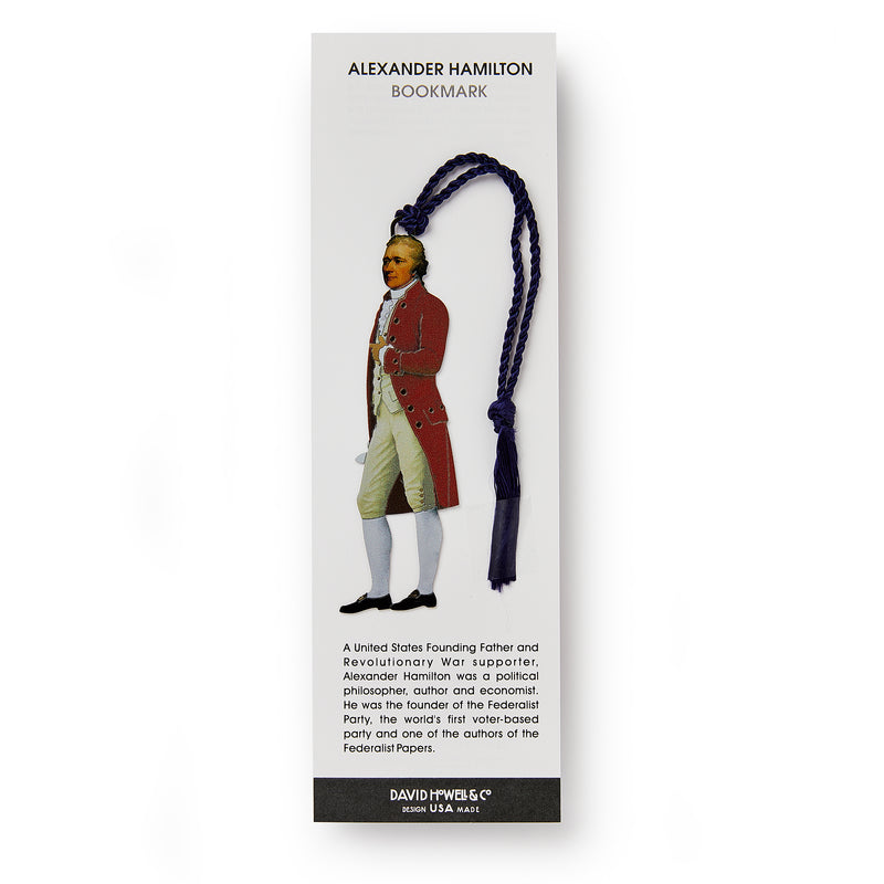 The Alexander Hamilton Bookmark features his illustration in historical attire with a blue tassel, making it a unique keepsake for fans of the Founding Father and author of the Federalist Papers.