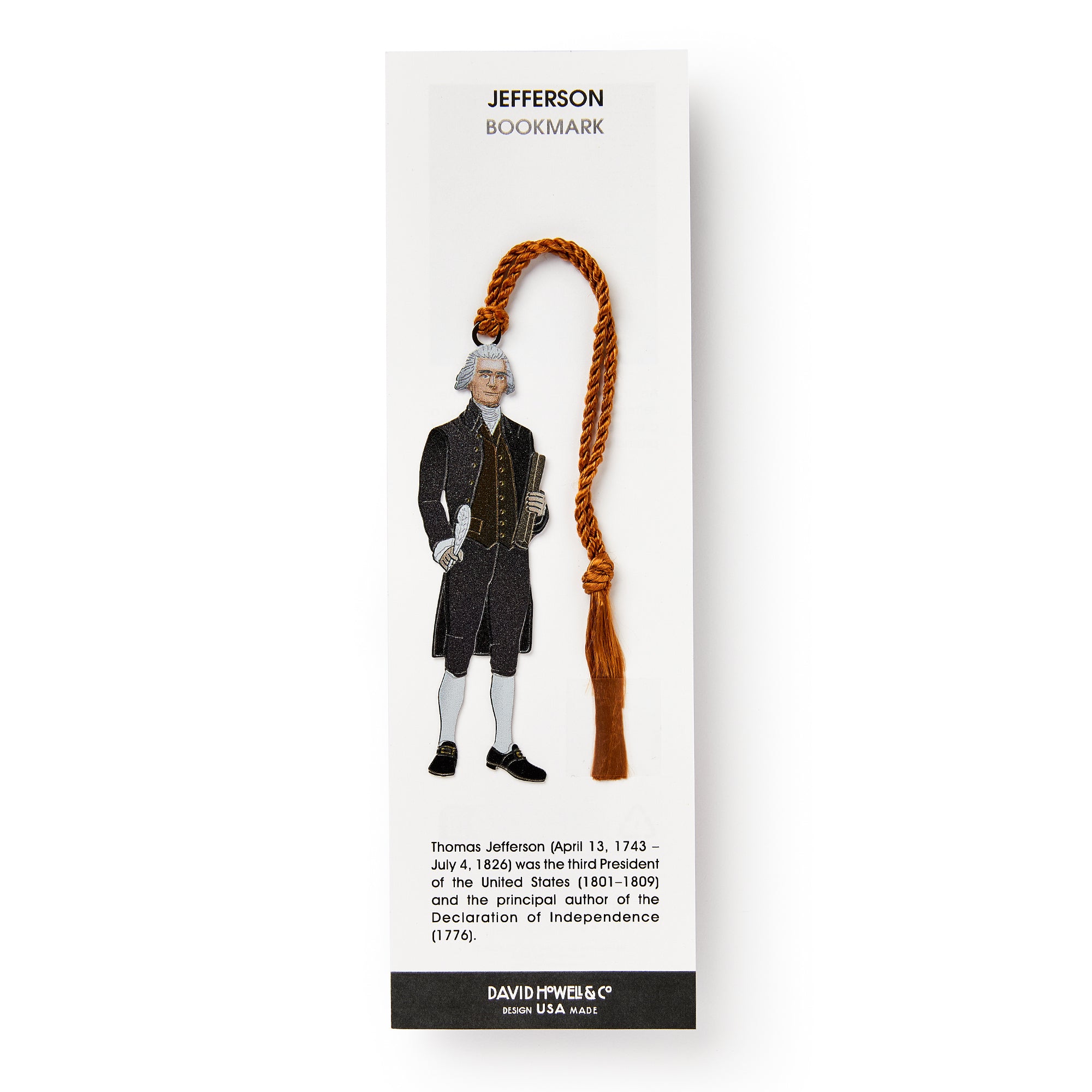 The Thomas Jefferson Bookmark features a cutout illustration of Jefferson with documents, a gold tassel, his birth and death dates, and highlights his role as drafter of the Declaration of Independence.