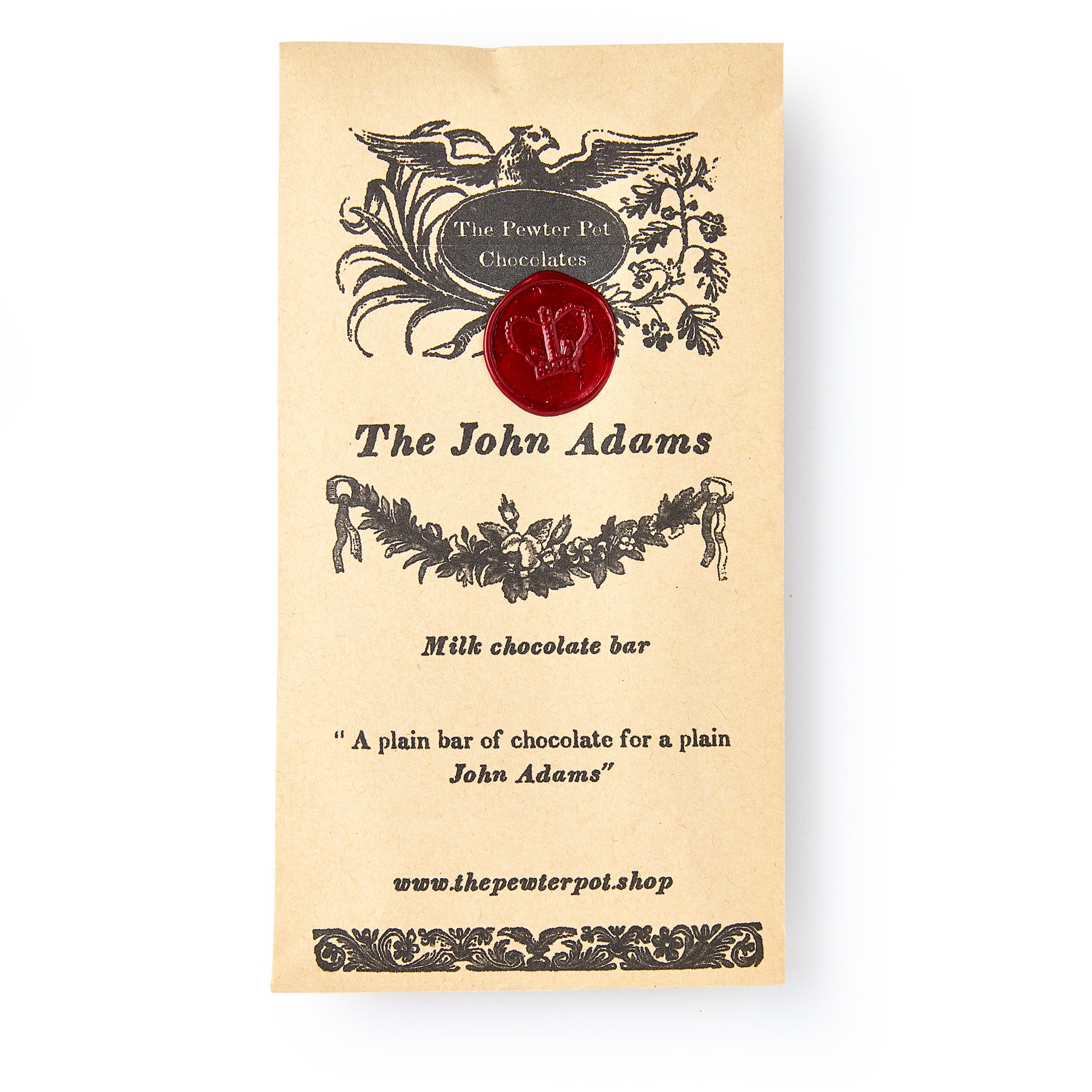 A brown paper wrapper labeled "John Adams Chocolate Bar" features vintage illustrations, a red wax seal, and historical milk chocolate bar text. 