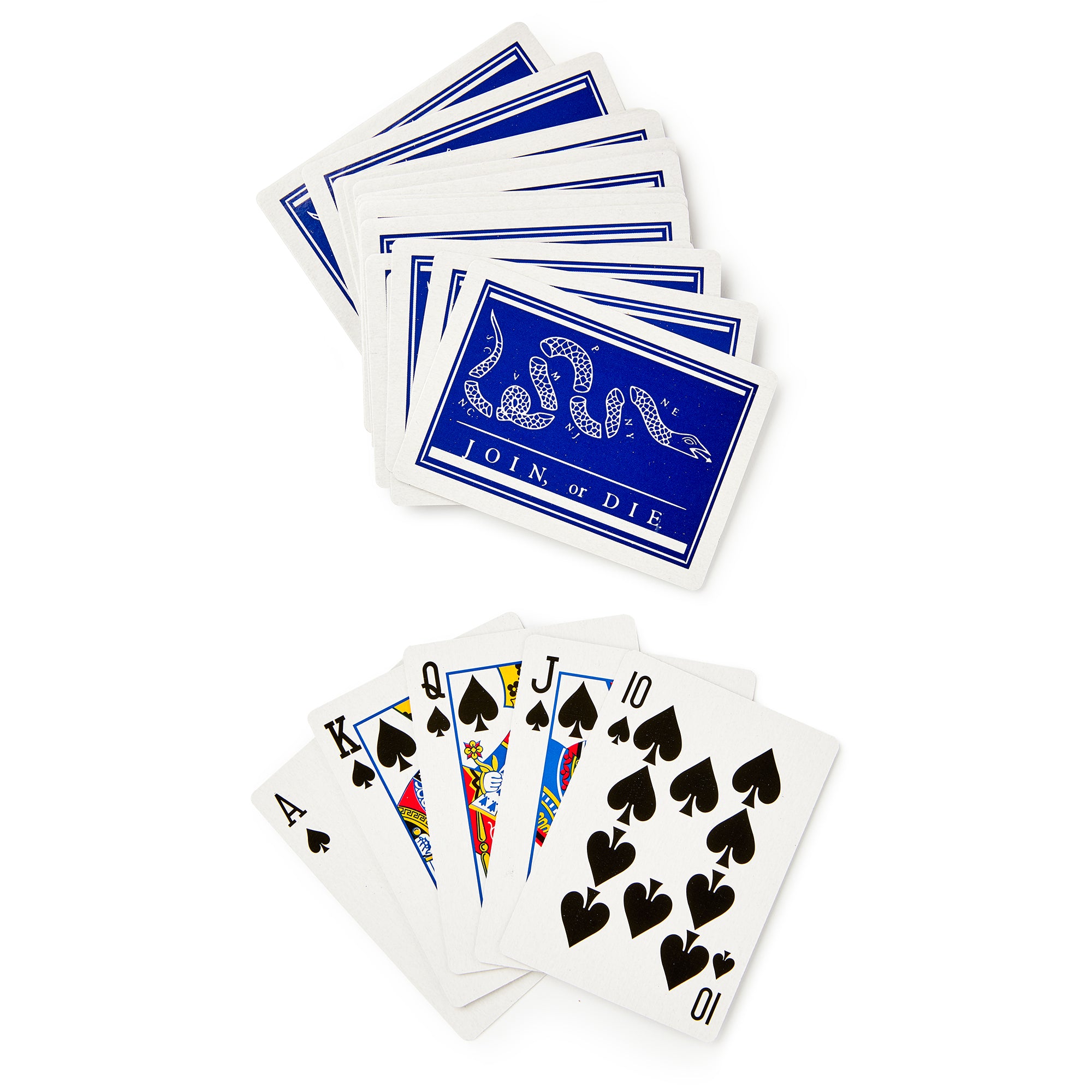 Join, or Die Playing Cards, with blue snake backs inspired by colonial America, are fanned out above a face-up spade royal flush (A, K, Q, J, 10).