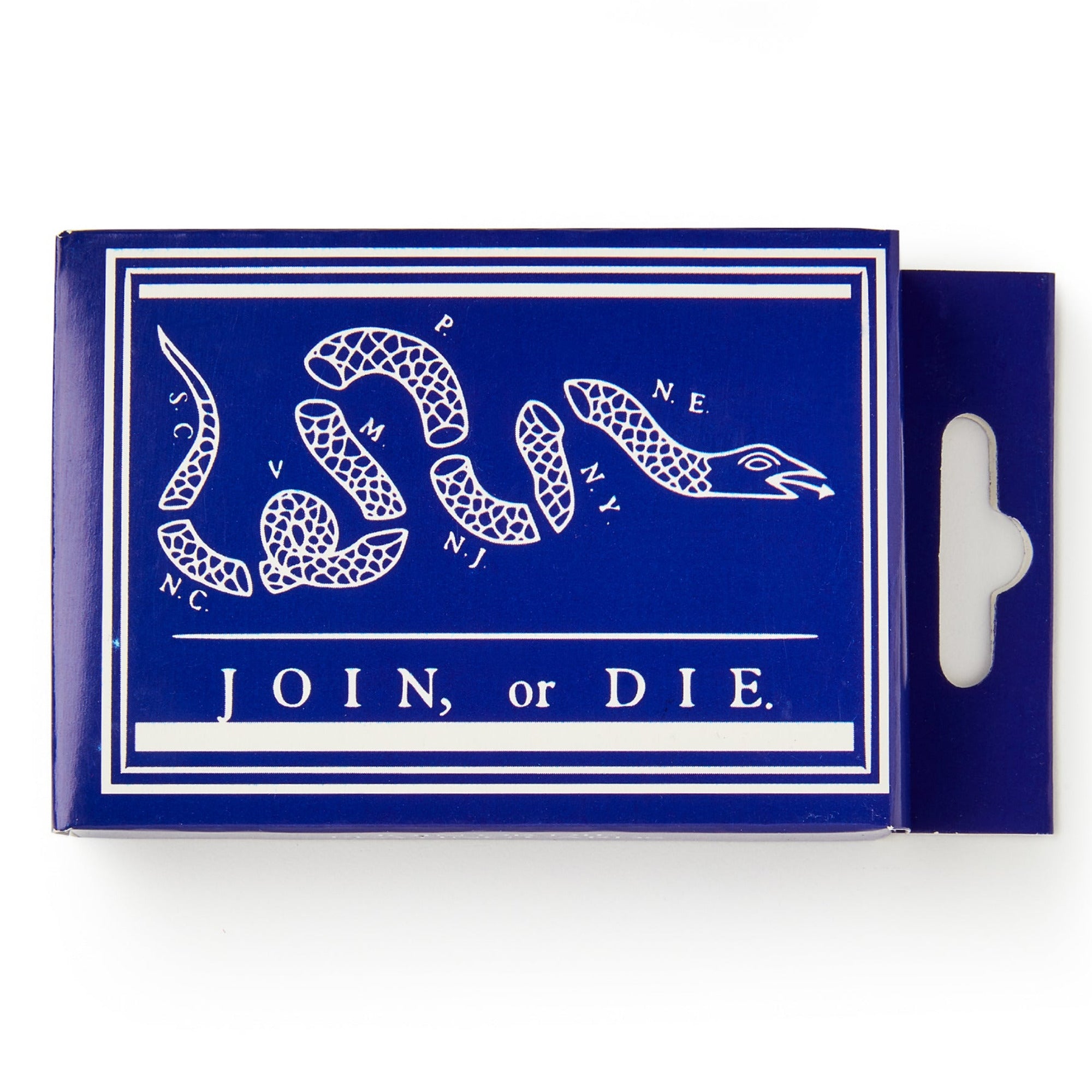 The Join, or Die Playing Cards come in a blue rectangular box featuring a white segmented snake illustration with colonies’ abbreviations and the phrase "JOIN or DIE," inspired by a famous colonial America cartoon—perfect for card enthusiasts.