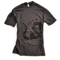 The Join or Die Crewneck T-Shirt is a dark gray tee featuring a coiled snake graphic inspired by Benjamin Franklin’s iconic illustration, with JOIN in red above and black initials such as N.C., S.C., P., and V. surrounding the snake on the front—ideal for fans of American Revolution-themed shirts.
