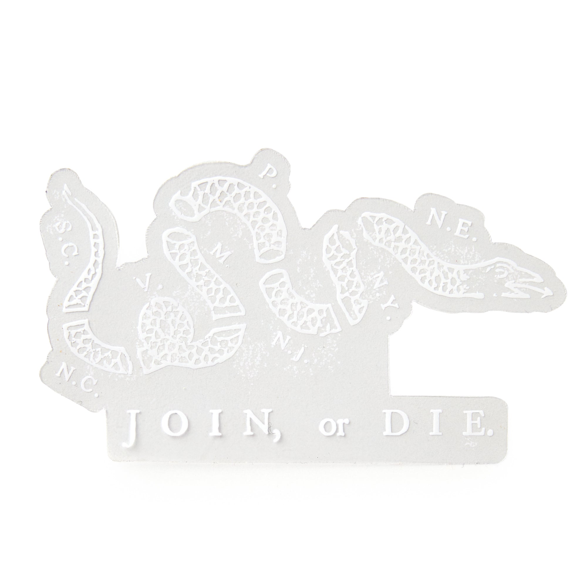 The Join or Die Sticker, White features a segmented snake graphic with American colony initials above "JOIN, or DIE"—an iconic Revolutionary era design made famous by Benjamin Franklin.