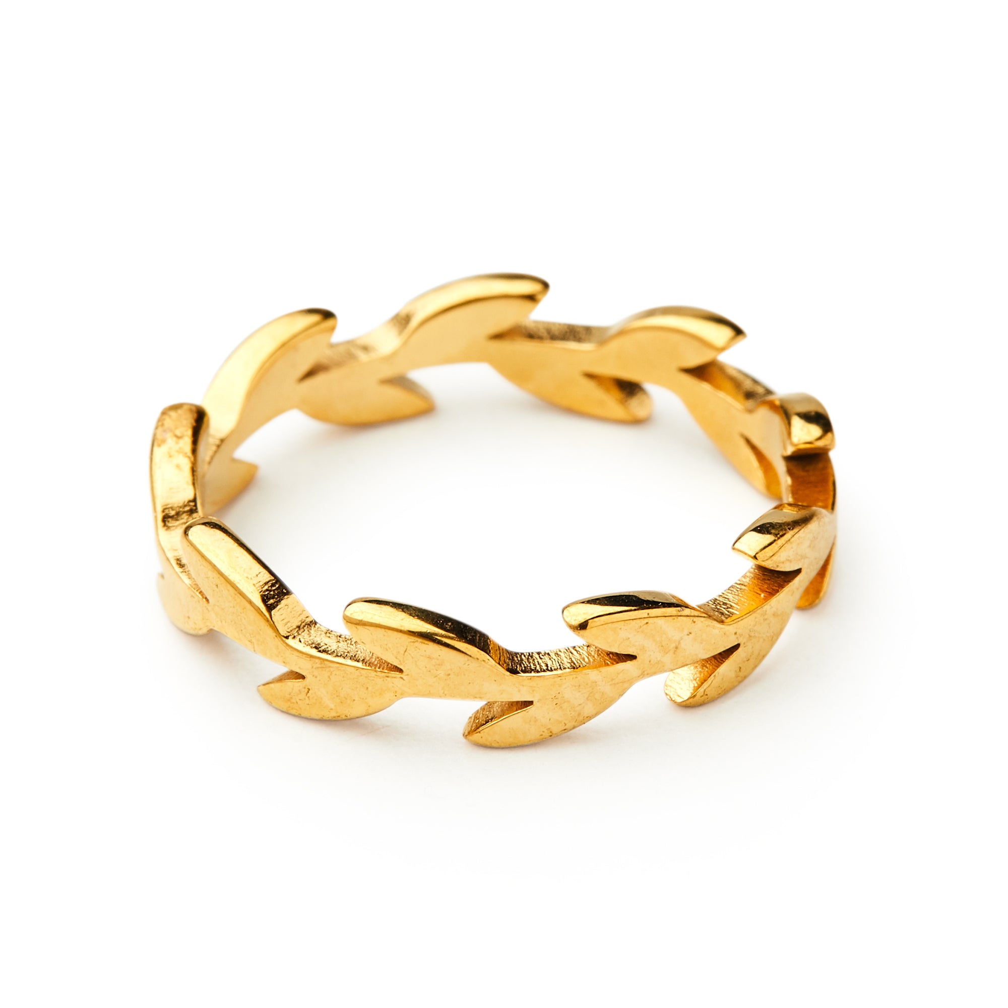 The Laurel Leaf Ring is crafted in gold vermeil with an interlocking leaf pattern encircling the band, offering an elegant symbolic design displayed on a plain white background.