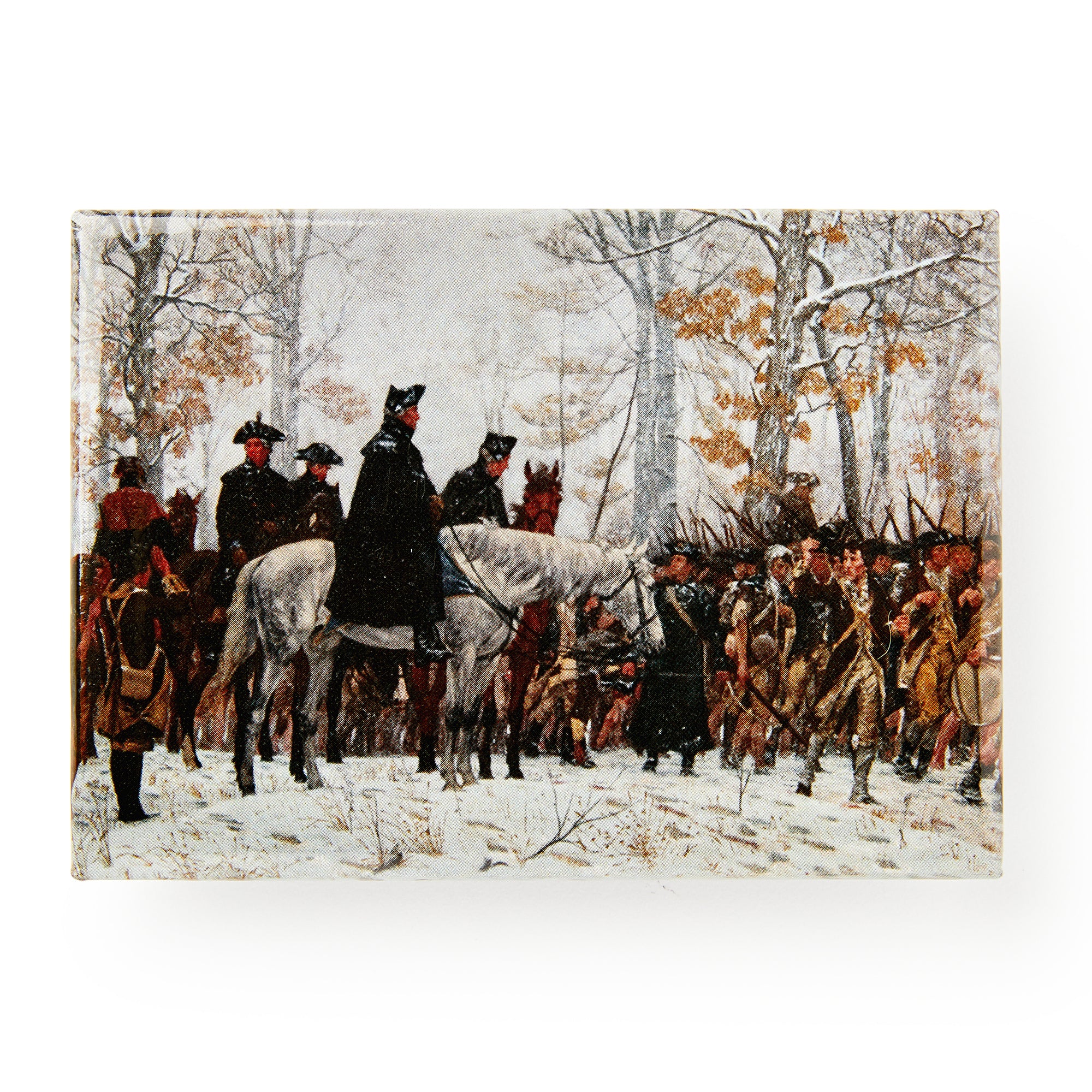 A historical painting by William B. T. Trego shows soldiers in winter at Valley Forge—gathered among snowy, bare trees—as featured on the March to Valley Forge Fridge Magnet, a perfect American Revolution keepsake.