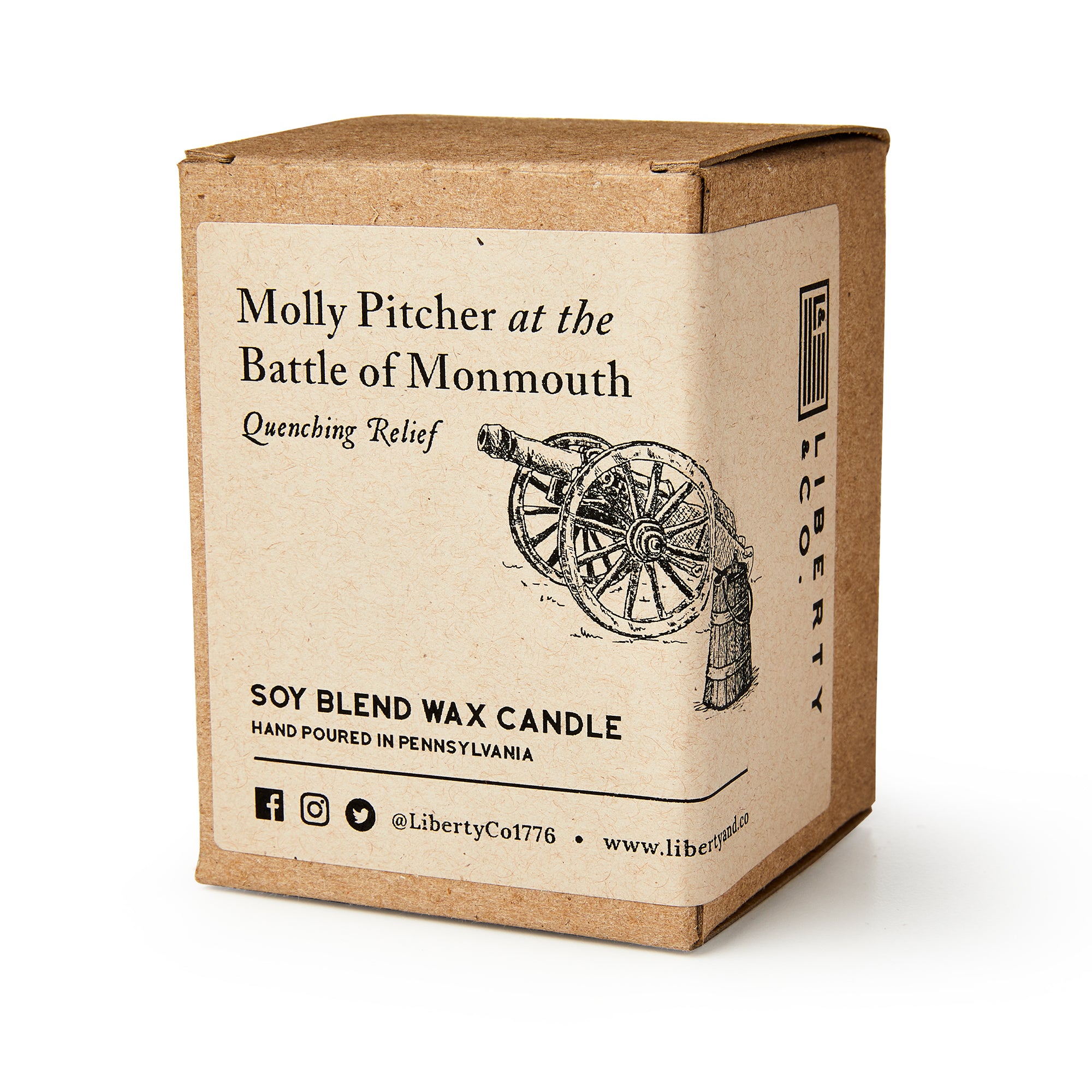 The Molly Pitcher Candle by Liberty Co. is a citrus-scented soy candle, hand-poured in Pennsylvania, packaged in a brown box featuring a cannon illustration and American Revolution-inspired design.