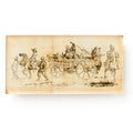 A sepia-toned sketch on the North Carolina Brigade Acrylic Magnet shows people riding horses and walking with a wooden cart of belongings, evoking scenes of migration and the Continental Army era.