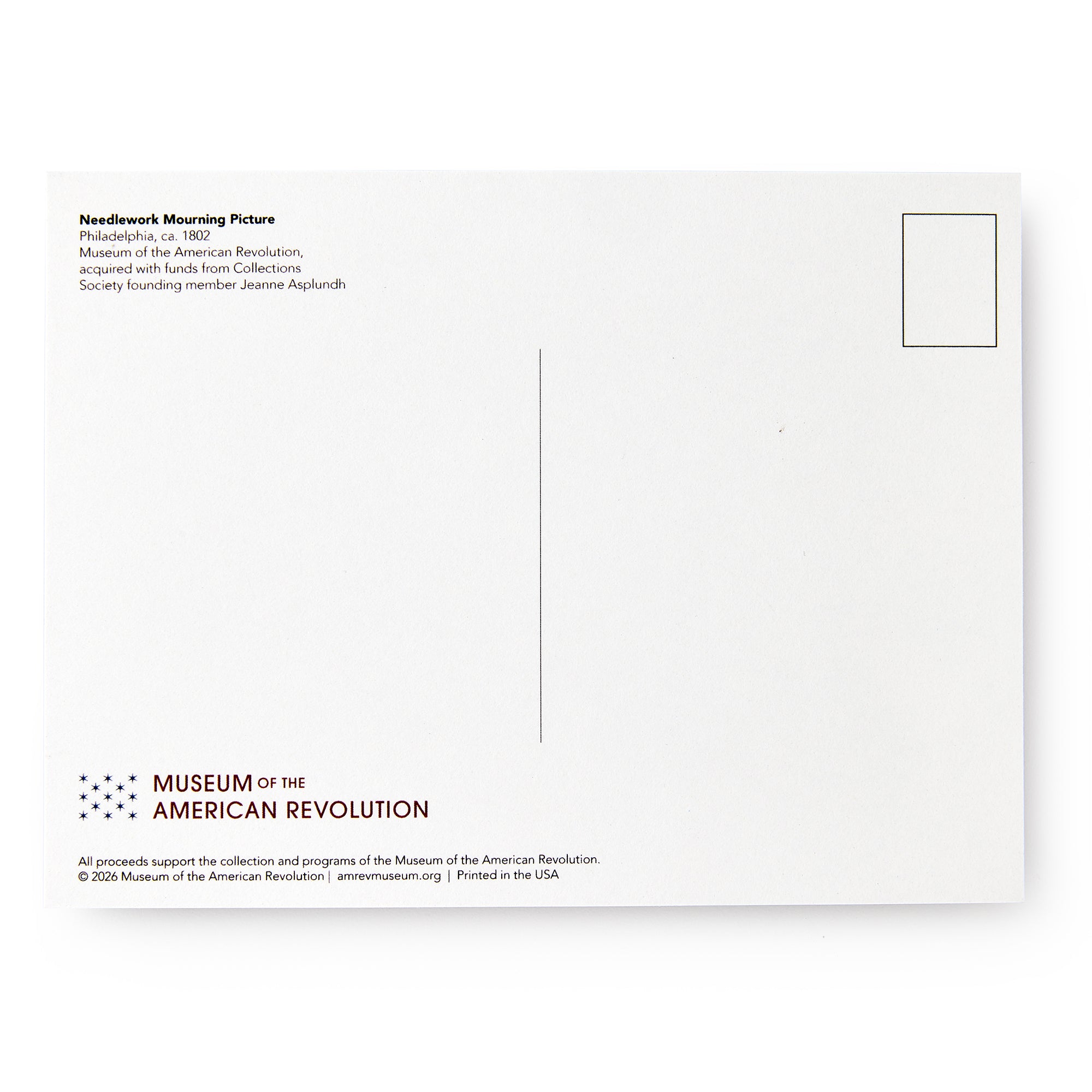 The Needlework Mourning Picture Postcard from the Museum of the American Revolution features space for your message, address, and stamp. The bottom left displays the museum’s logo and info alongside George Washington memorial needlework art.