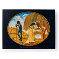 The Needlework Mourning Picture Postcard features an embroidered scene of a woman weeping at George Washington’s tomb, marked by a large stone and urn under a willow, while a man with a cane stands solemnly beside her.