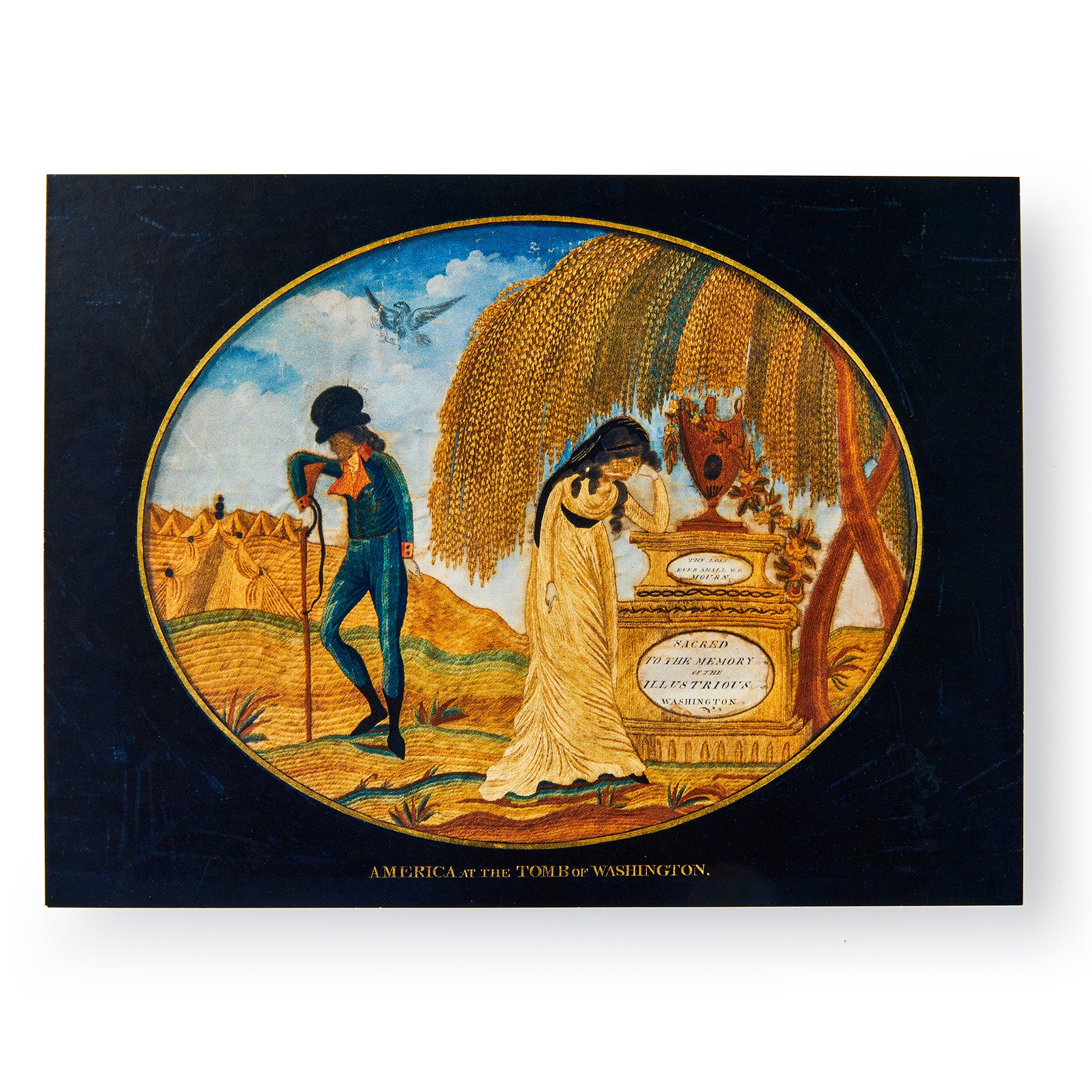 The Needlework Mourning Picture Postcard features an embroidered scene of a woman weeping at George Washington’s tomb, marked by a large stone and urn under a willow, while a man with a cane stands solemnly beside her.