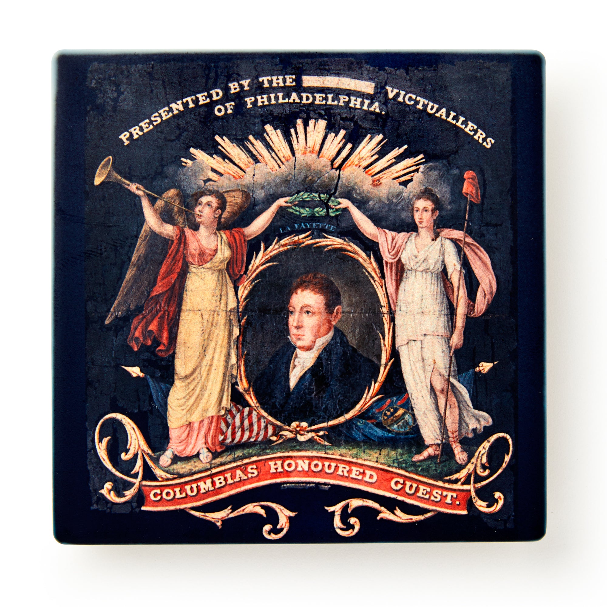 The Lafayette Parade Banner Sandstone Coaster features two allegorical women flanking a man’s portrait, with “Presented by the Victuallers of Philadelphia” above and “Columbia’s Honoured Guest” below; now at the Museum of the American Revolution.