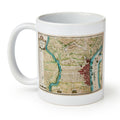 The Philadelphia Map Mug is a white ceramic mug with a vintage city map design, featuring streets, rivers, and topographical details in green, brown, red, and blue.
