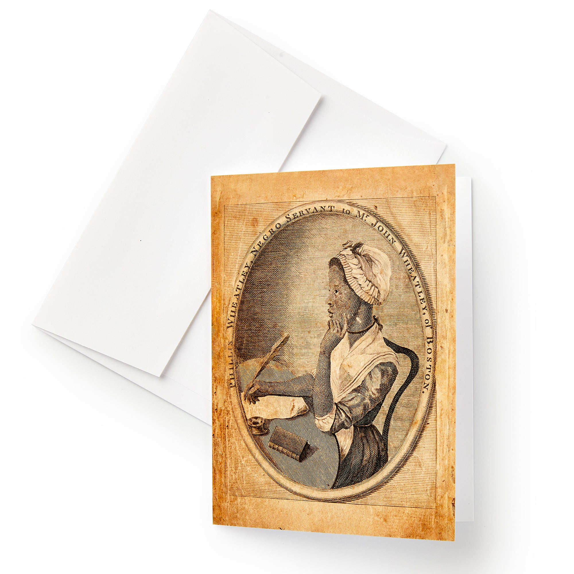 The Phillis Wheatley Note Card features a sepia-toned portrait of a woman in a bonnet, inspired by African American writers, seated with quill and paper, with encircling text. Includes an envelope under the card.