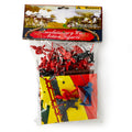 A clear plastic bag labeled "Revolutionary Soldier Set" holds assorted red, blue, and black soldier figurines with toy military gear. The label also warns about choking hazards.