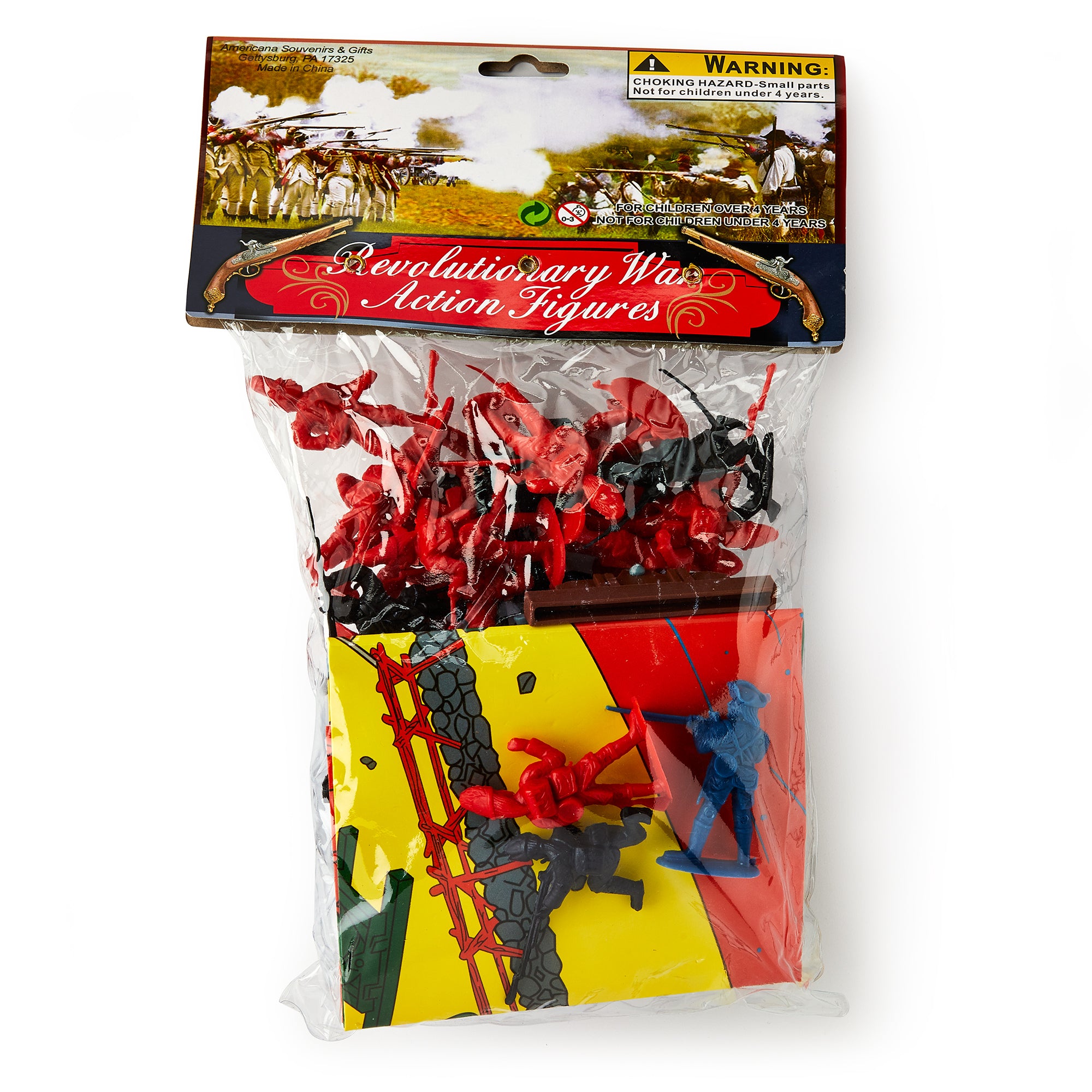 A clear plastic bag labeled "Revolutionary Soldier Set" holds assorted red, blue, and black soldier figurines with toy military gear. The label also warns about choking hazards.