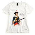 The Revolutionary Suffragette Women's T-Shirt is a white V-neck featuring a James Montgomery Flagg–inspired illustration of a Revolutionary War figure with musket, “1775–1783” sash, and the quote “Taxation without representation!”.