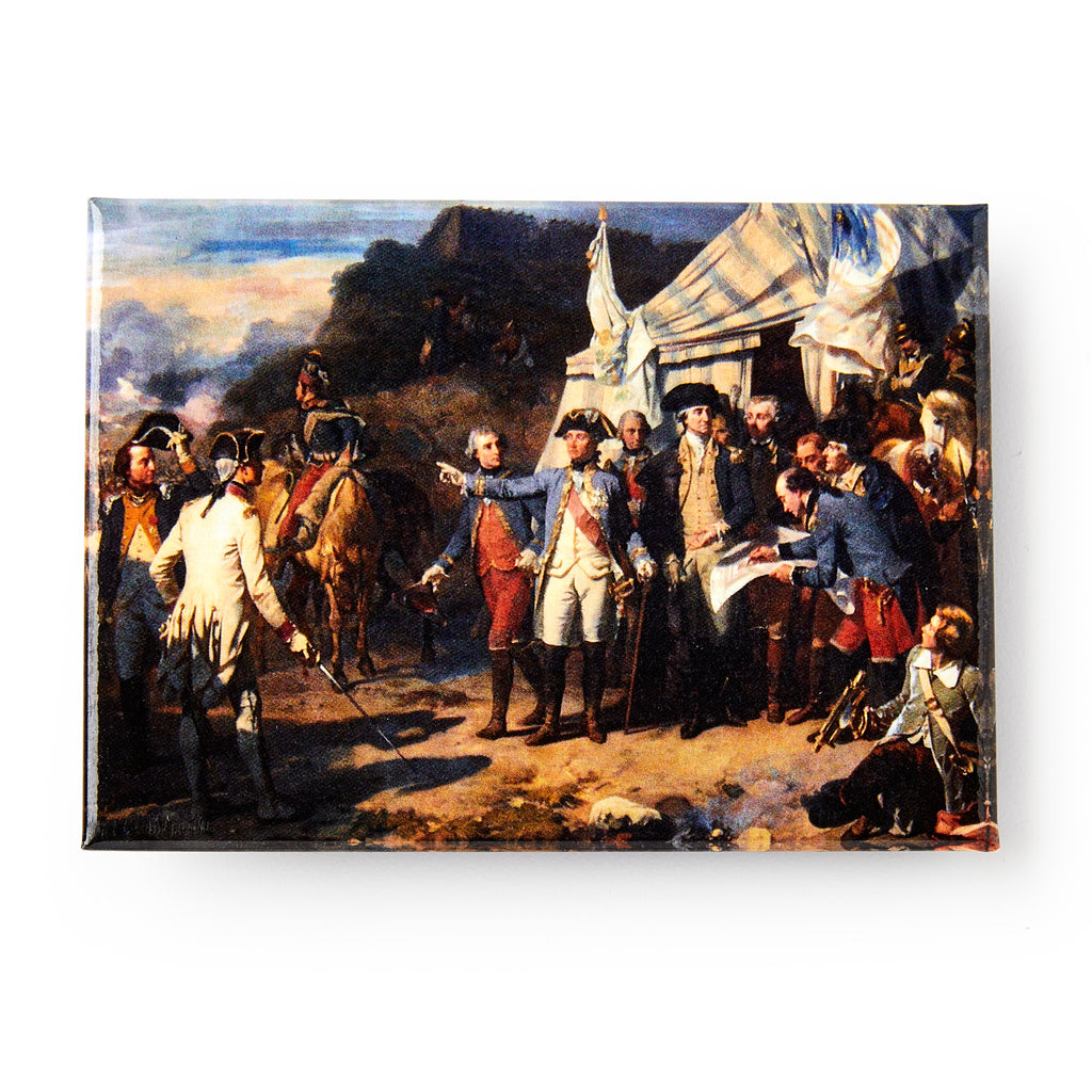 The Yorktown Magnet features a historical painting of 18th-century military officers and soldiers with a dog, gathered by tents under a dramatic sky during the Battle of Yorktown.